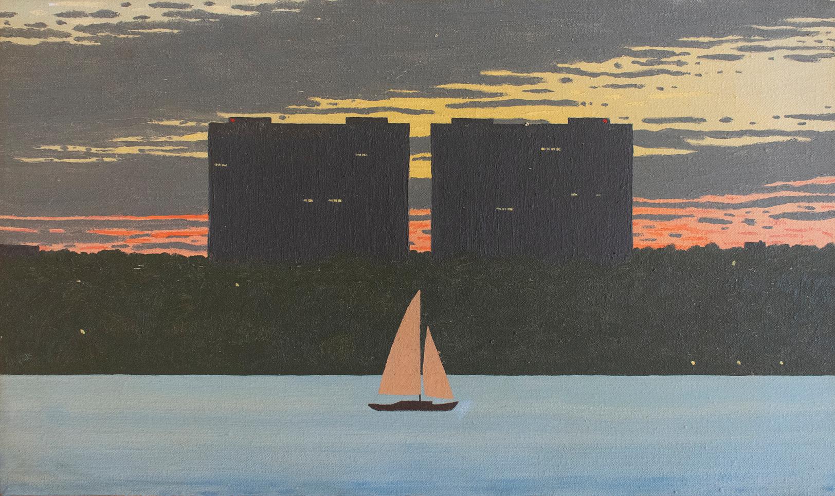 Landscape Painting di Bill Sullivan - Studio per i dipinti di Cole Porter (Pittura a olio di skyline della città con barca a vela)