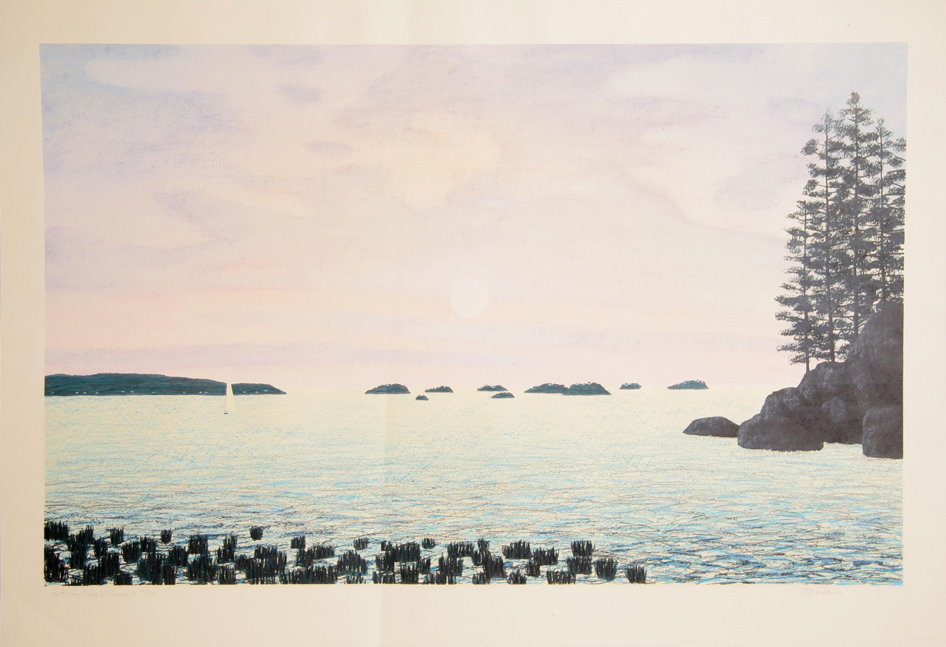 Bill Sullivan, American (1942 - ) - Stony Creek Sunset, Medium:  Lithograph, Signed in Pencil, Edition:  50, Size:  30 in. x 44 in. (76.2 cm x 111.76 cm), Description:  Overlooking the bay, this print by Bill Sullivan features the artist
s soft use