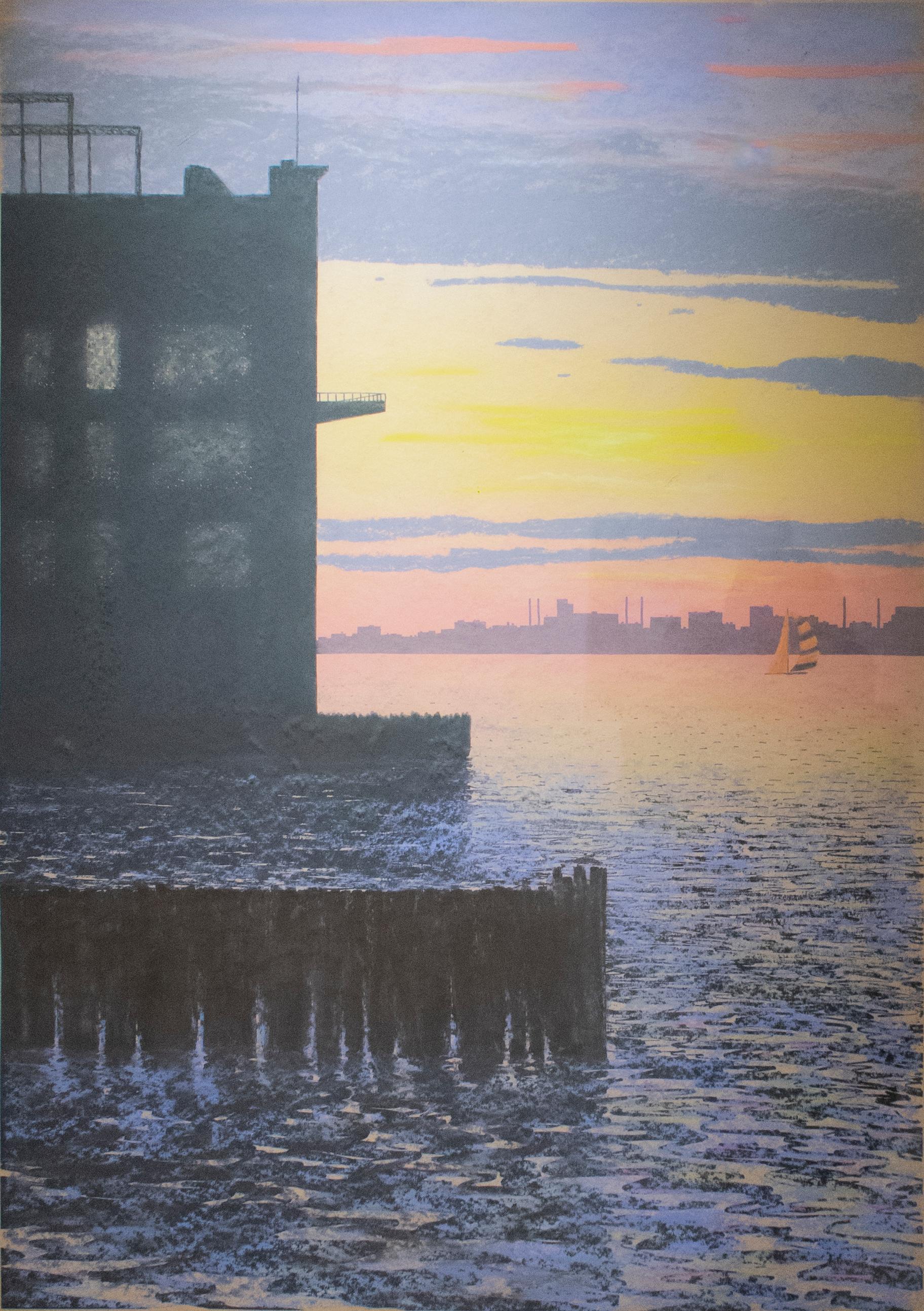 Bill Sullivan Landscape Print - Weehawken, Milogna (Framed 1970's Hand Colored Print of New Jersey Sunset)