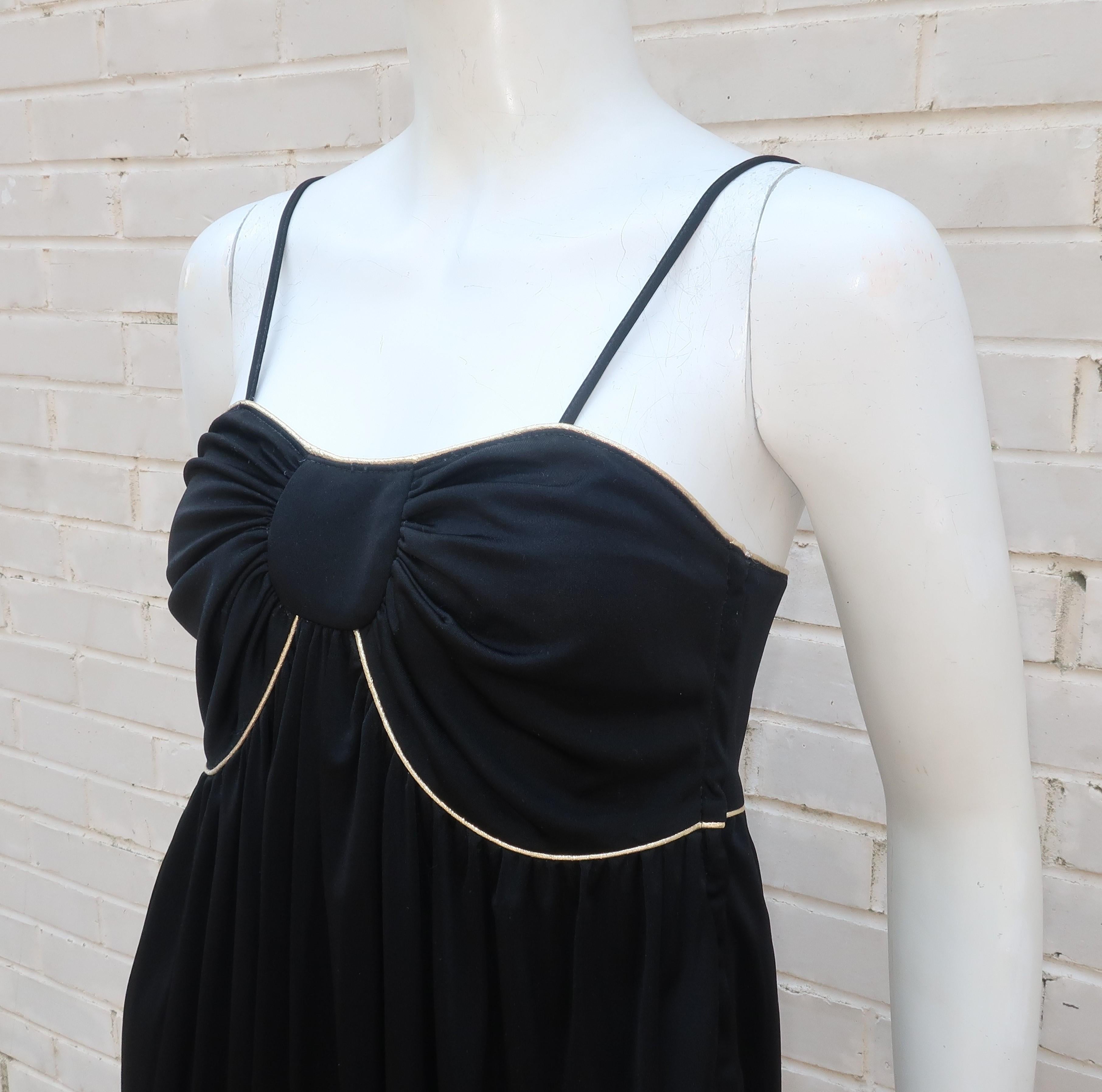 Bill Tice Black Jersey Slip Dress With Gold Lamé Trim, 1970's 1