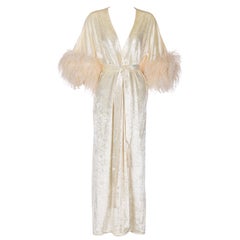 Bill Tice Cream Velvet Feather Trim Caftan Robe 1970s