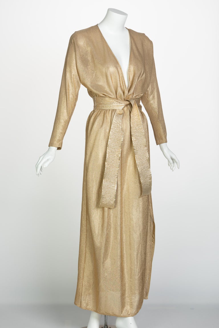 Bill Tice Gold Lurex Plunge Neck Belted Maxi Dress, 1980s at 1stDibs