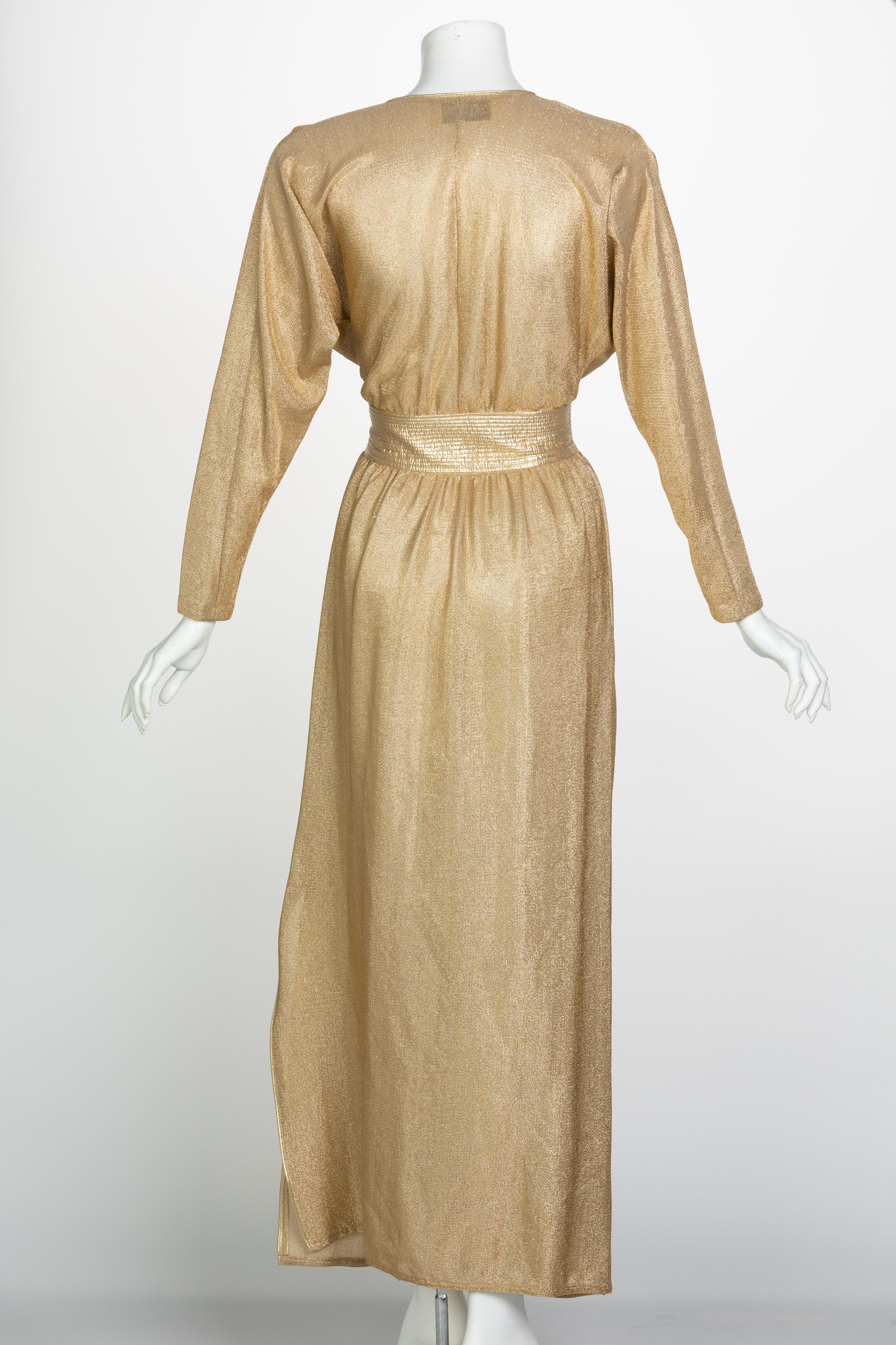 Brown Bill Tice Gold Lurex Plunge Neck Belted Maxi Dress, 1980s