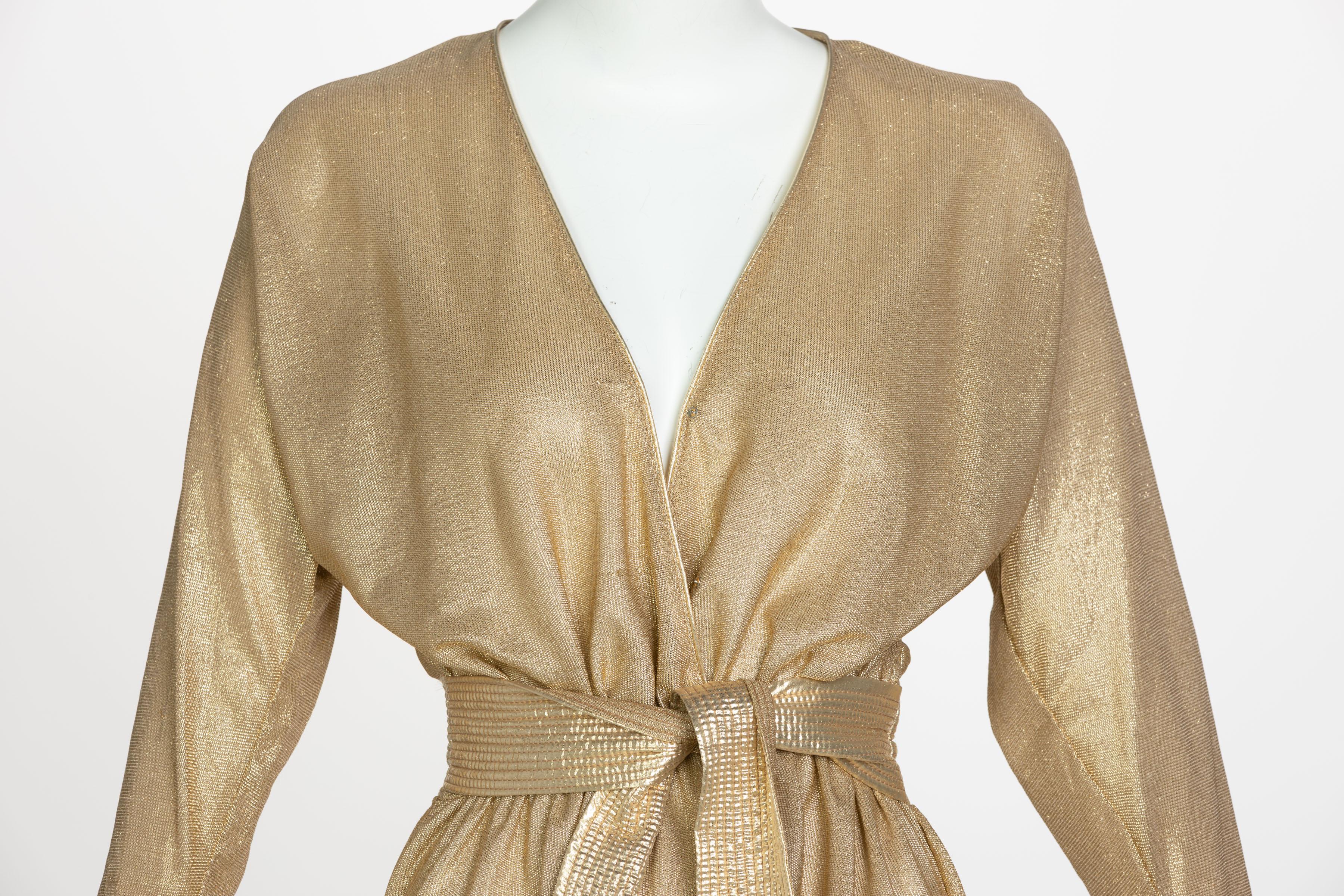 Bill Tice Gold Lurex Plunge Neck Belted Maxi Dress, 1980s In Excellent Condition In Boca Raton, FL