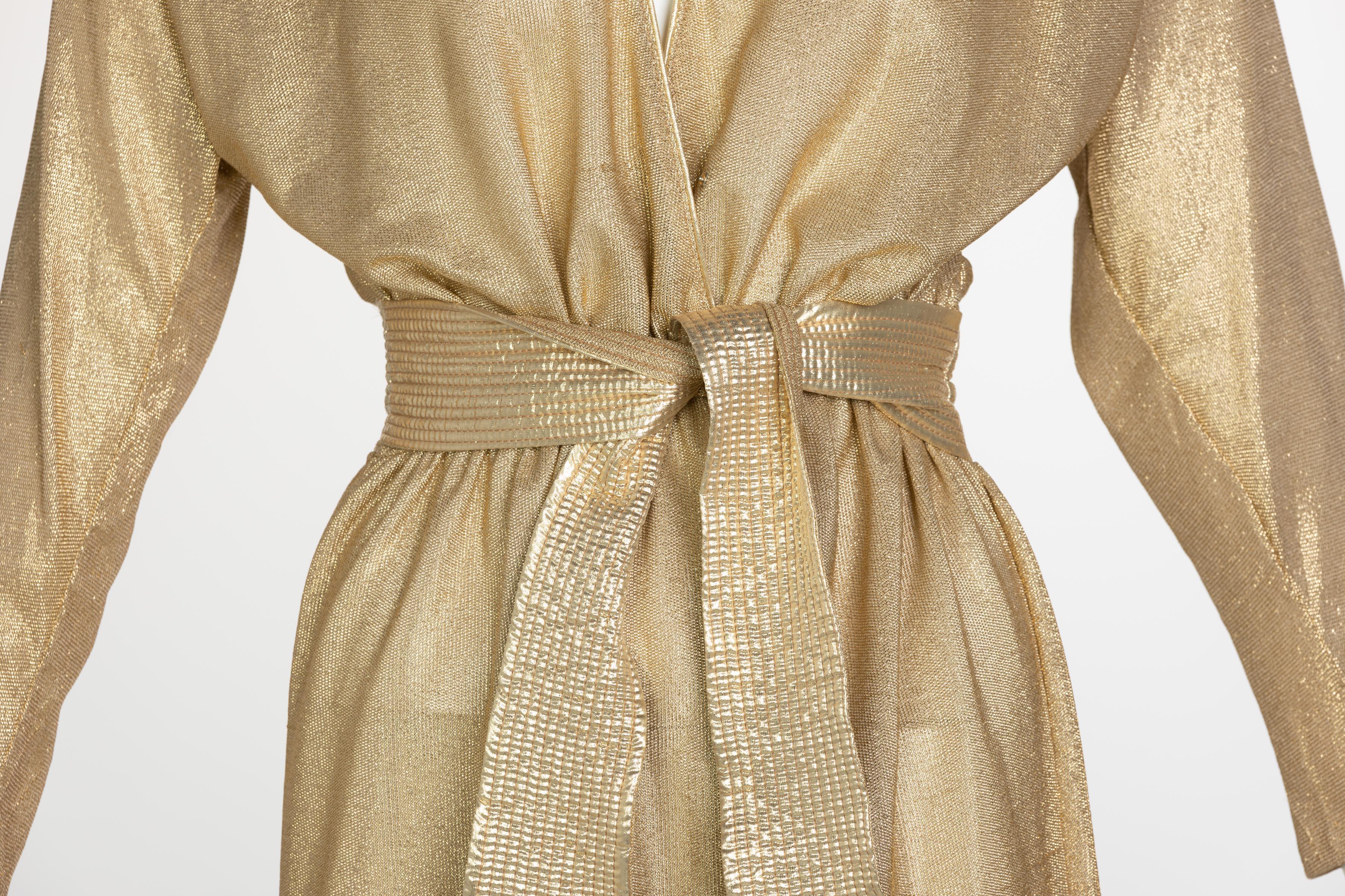 Women's Bill Tice Gold Lurex Plunge Neck Belted Maxi Dress, 1980s