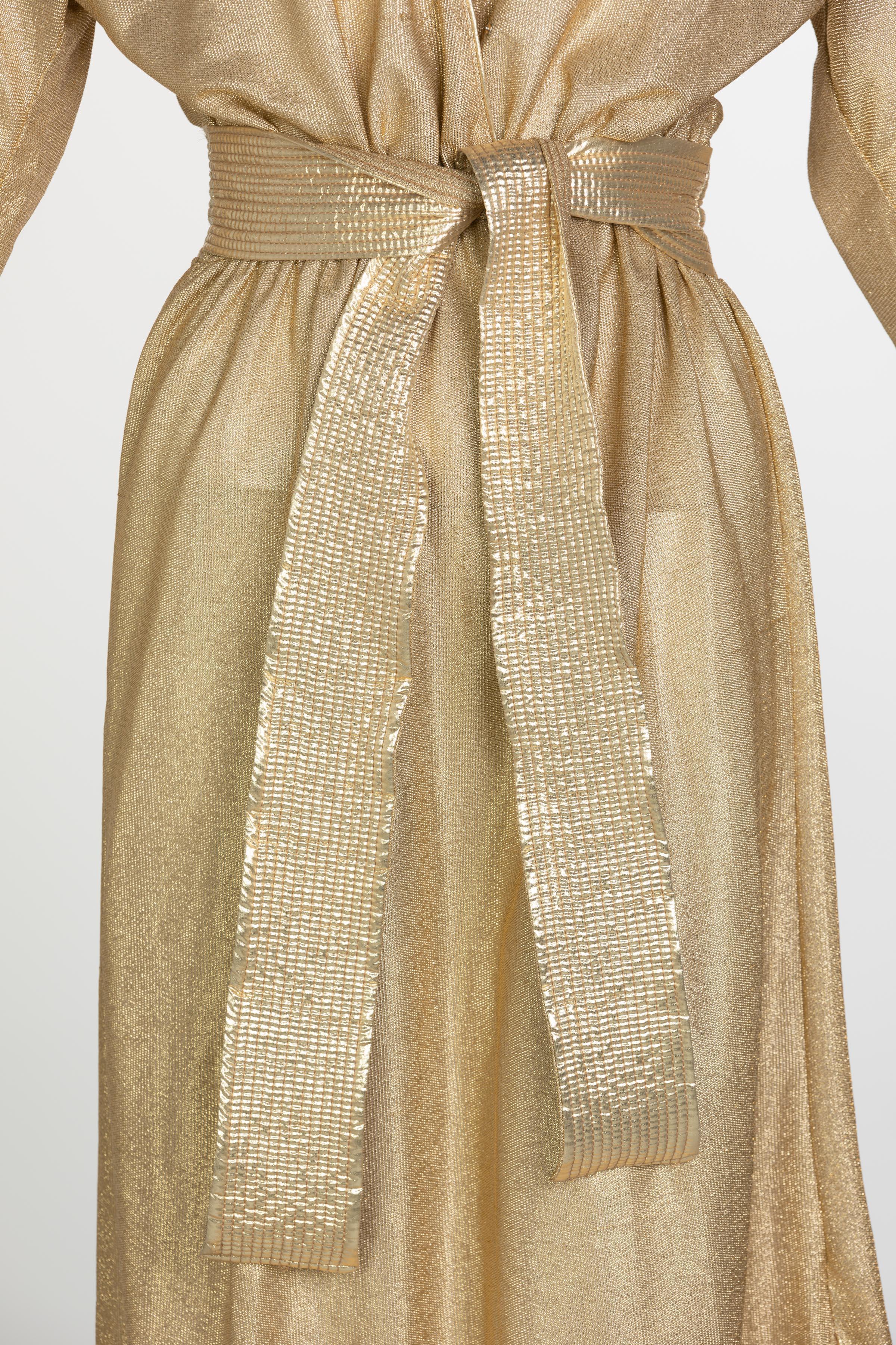 Bill Tice Gold Lurex Plunge Neck Belted Maxi Dress, 1980s 1
