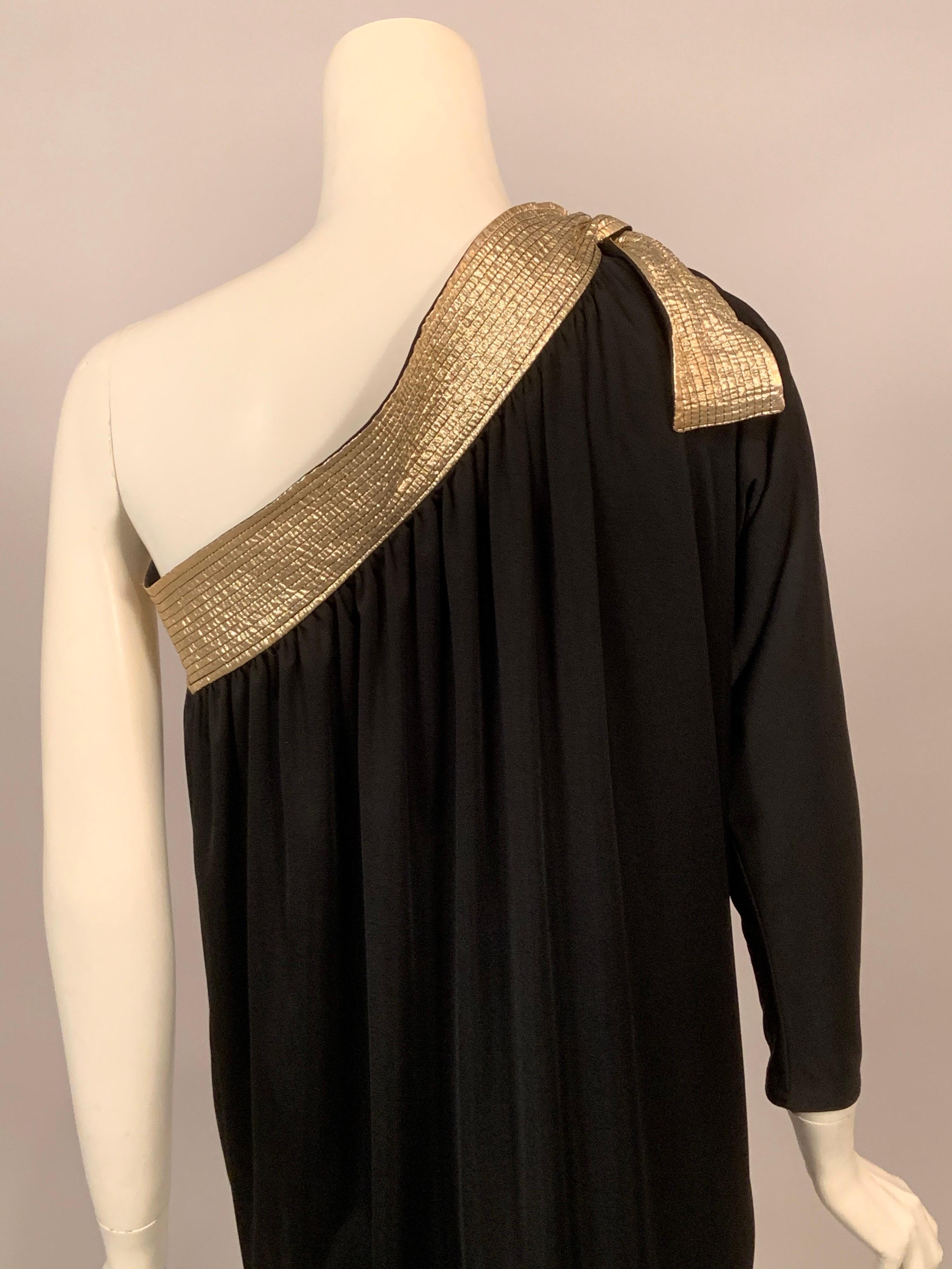 Bill Tice Gold Trimmed One Shoulder Black Evening or At Home Dress In Excellent Condition For Sale In New Hope, PA