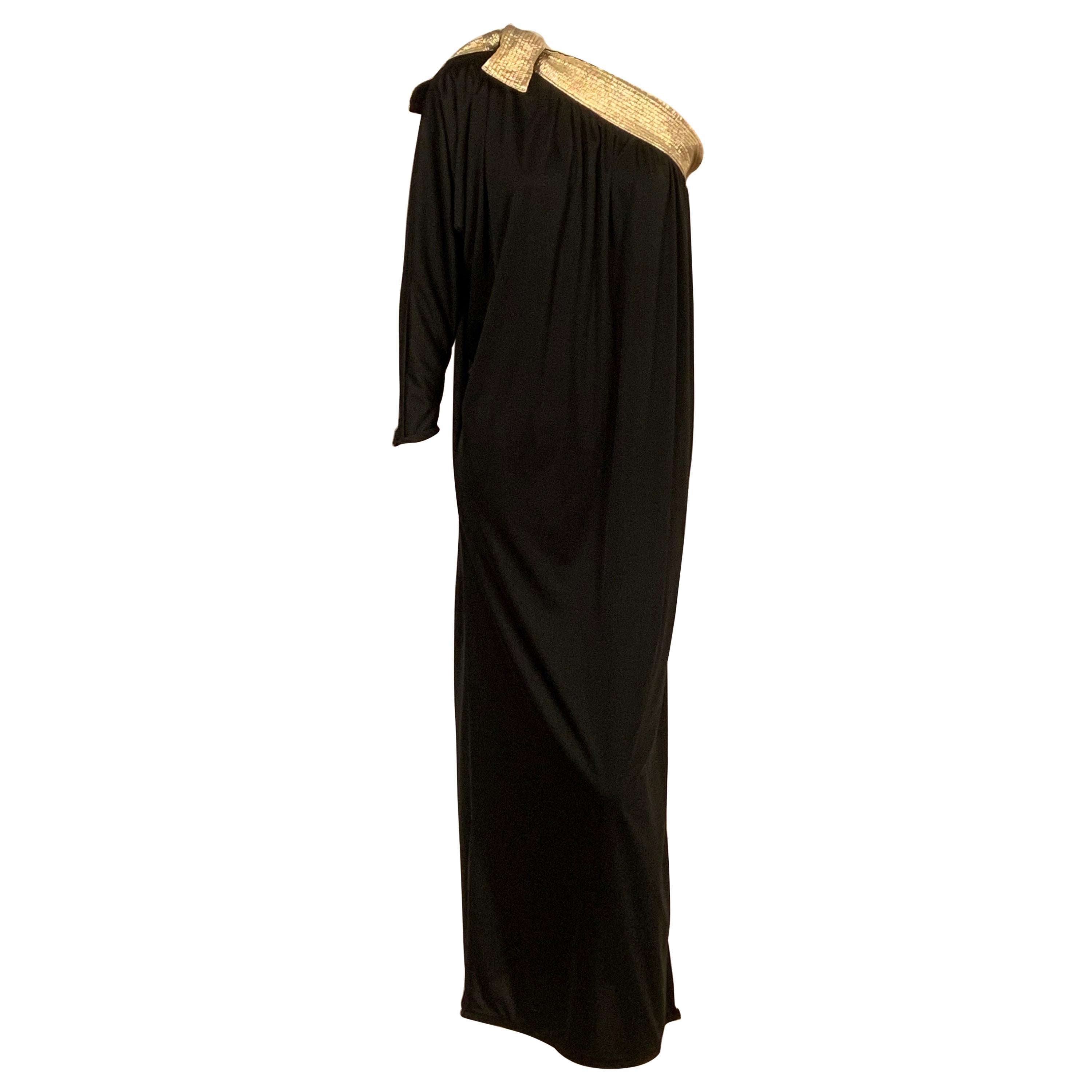 Bill Tice Gold Trimmed One Shoulder Black Evening or At Home Dress For Sale