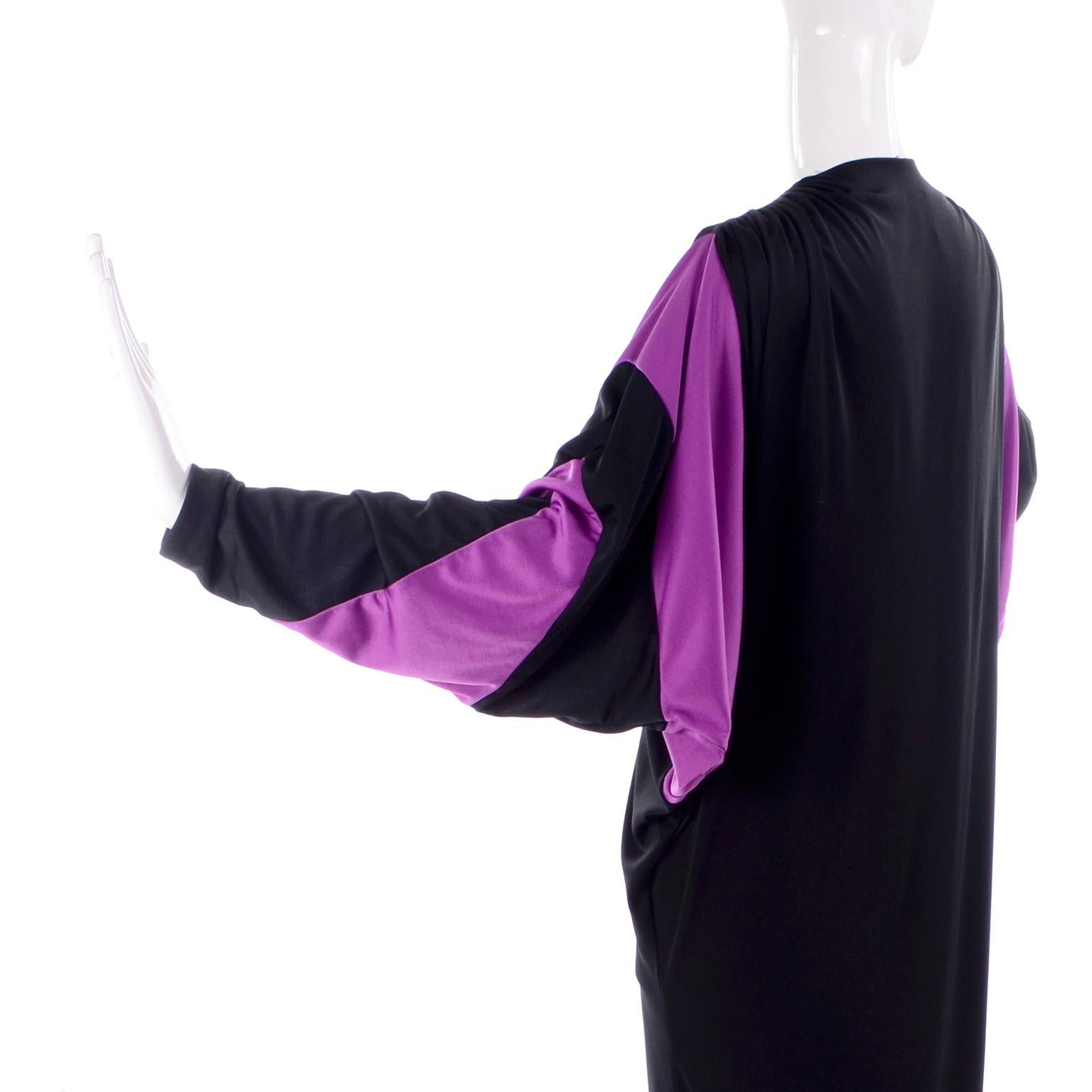 Women's Bill Tice Purple and Black Jersey Caftan Dress Dramatic Batwing Sleeves One Size