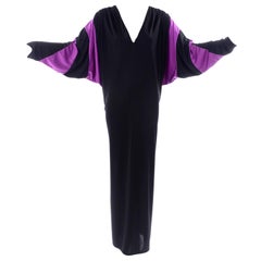 Bill Tice Purple and Black Jersey Caftan Dress Dramatic Batwing Sleeves One Size