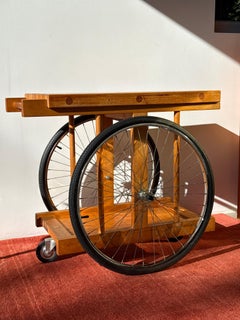 Bill W. Sanders Studio Craft Oak Bar Cart with Bicycle Wheels, USA, 1970s