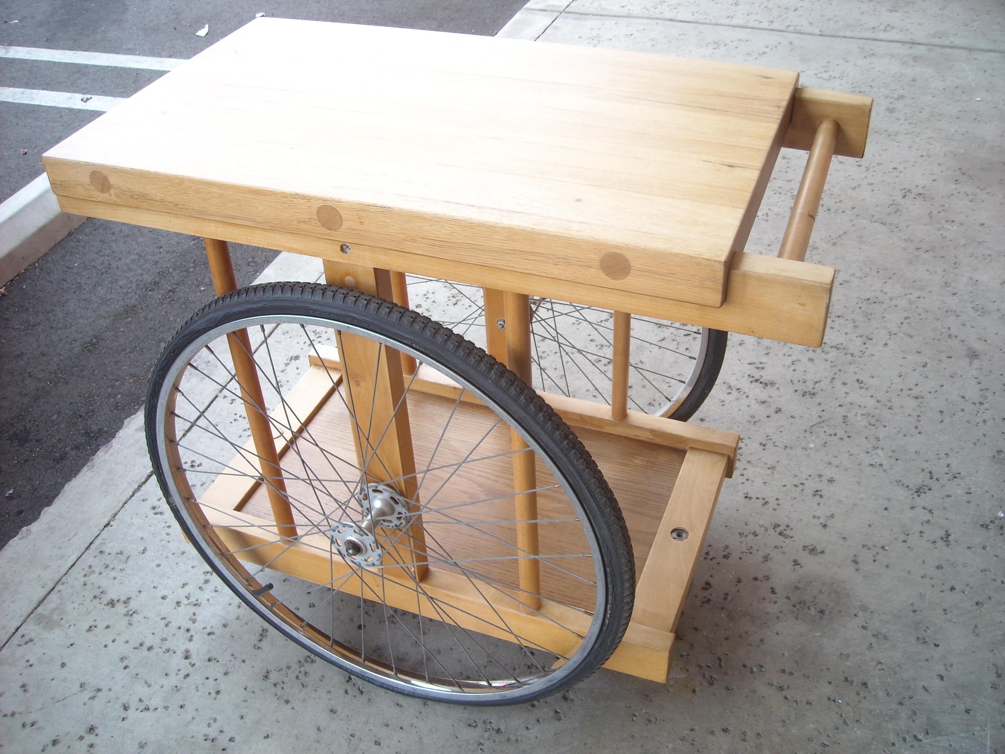 Modern Bill W Saunders, Chopping Block on Bicycle Wheels, Bar Cart, Pasadena Art Design