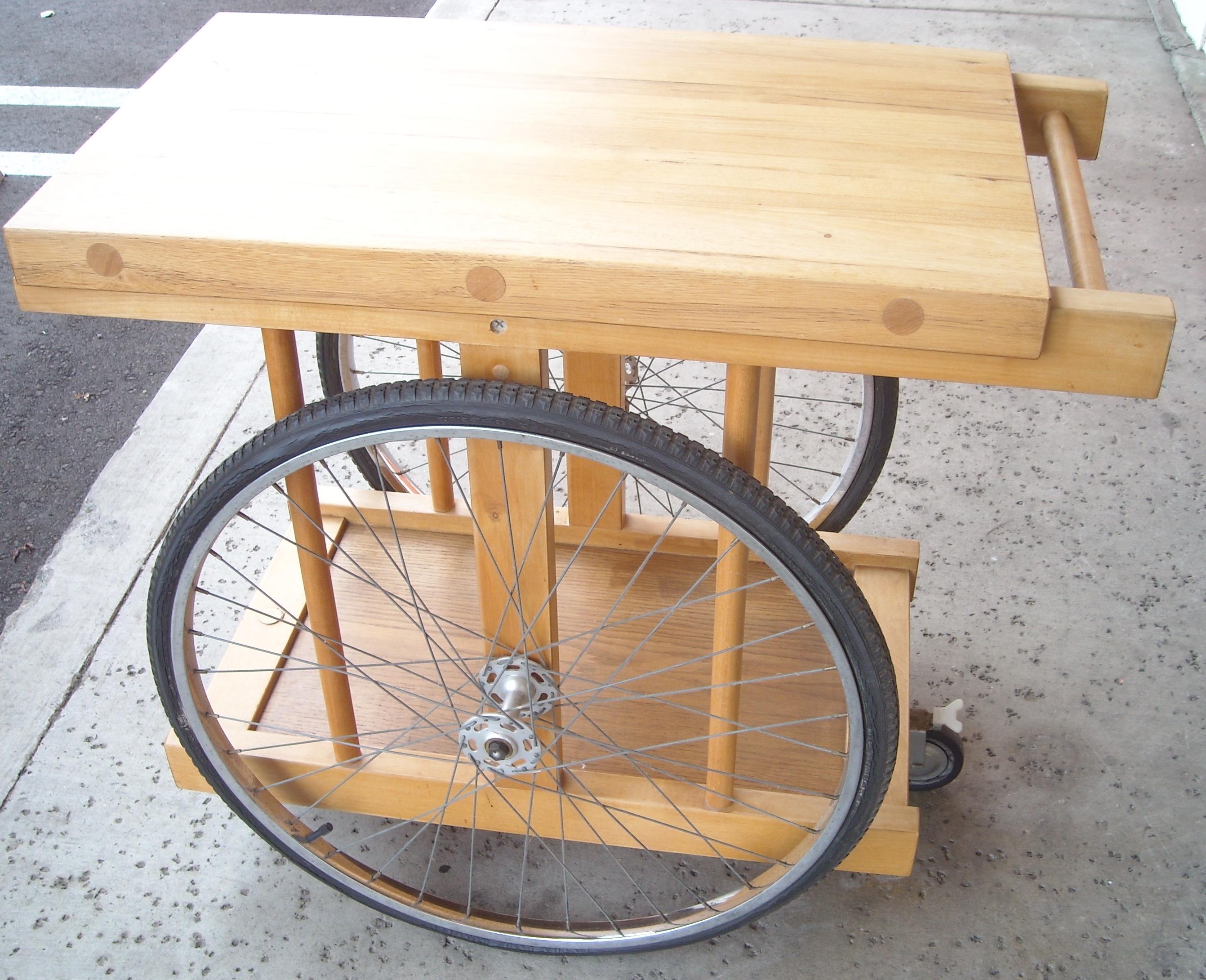 American Bill W Saunders, Chopping Block on Bicycle Wheels, Bar Cart, Pasadena Art Design
