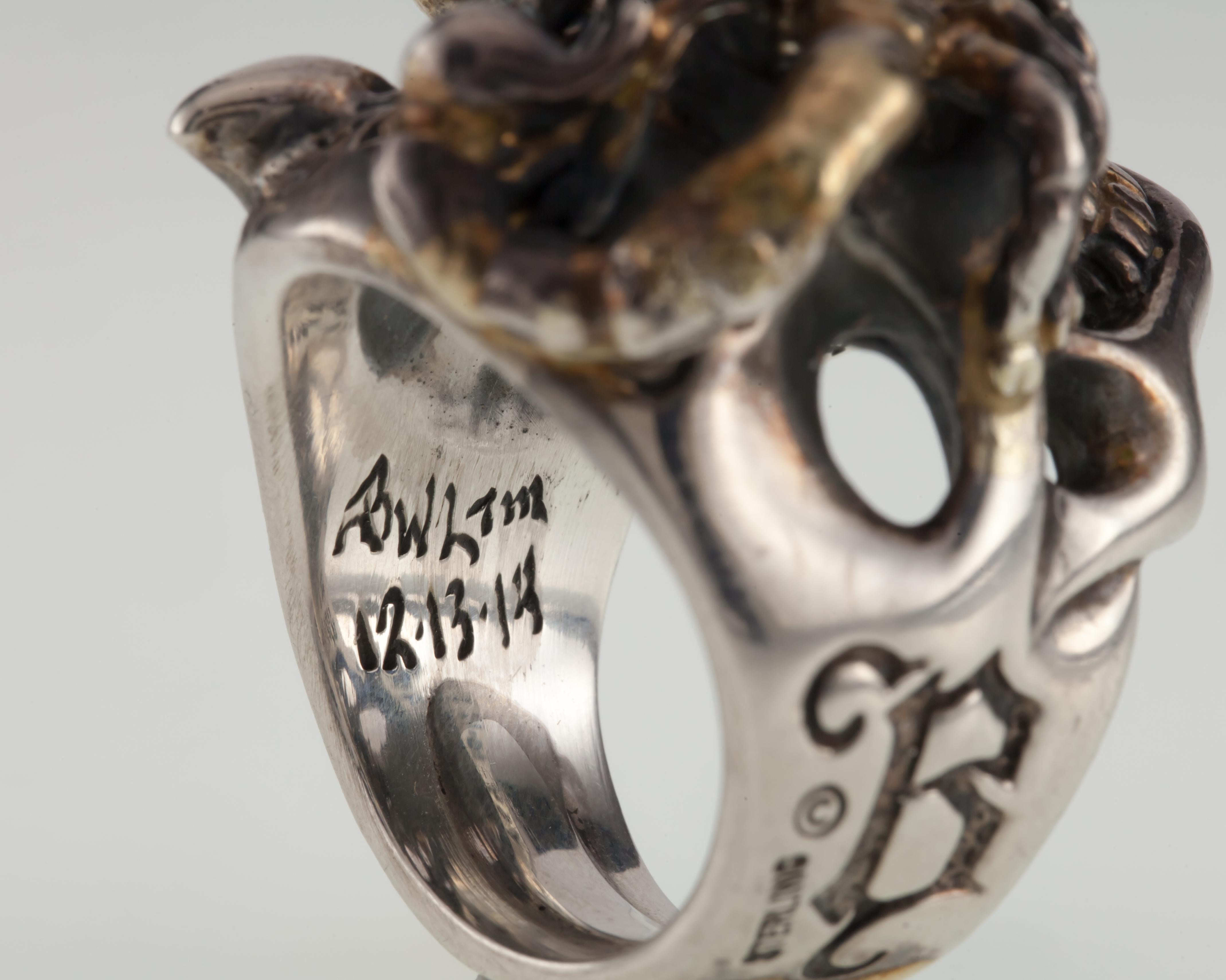 Bill Wall Leather Sterling Silver Skull Custom Master Ring with Scorpion For Sale 2