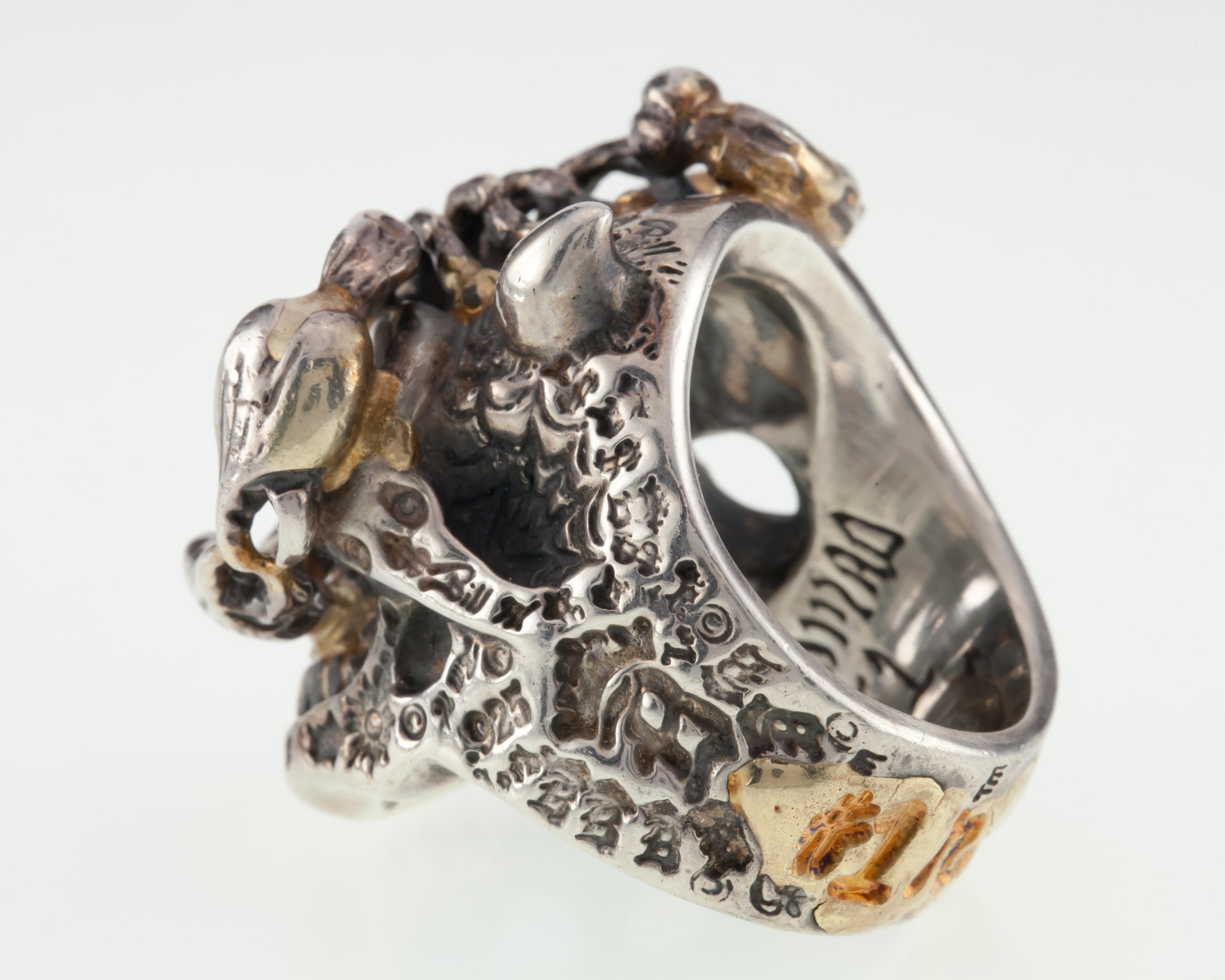 Contemporary Bill Wall Leather Sterling Silver Skull Custom Master Ring with Scorpion For Sale