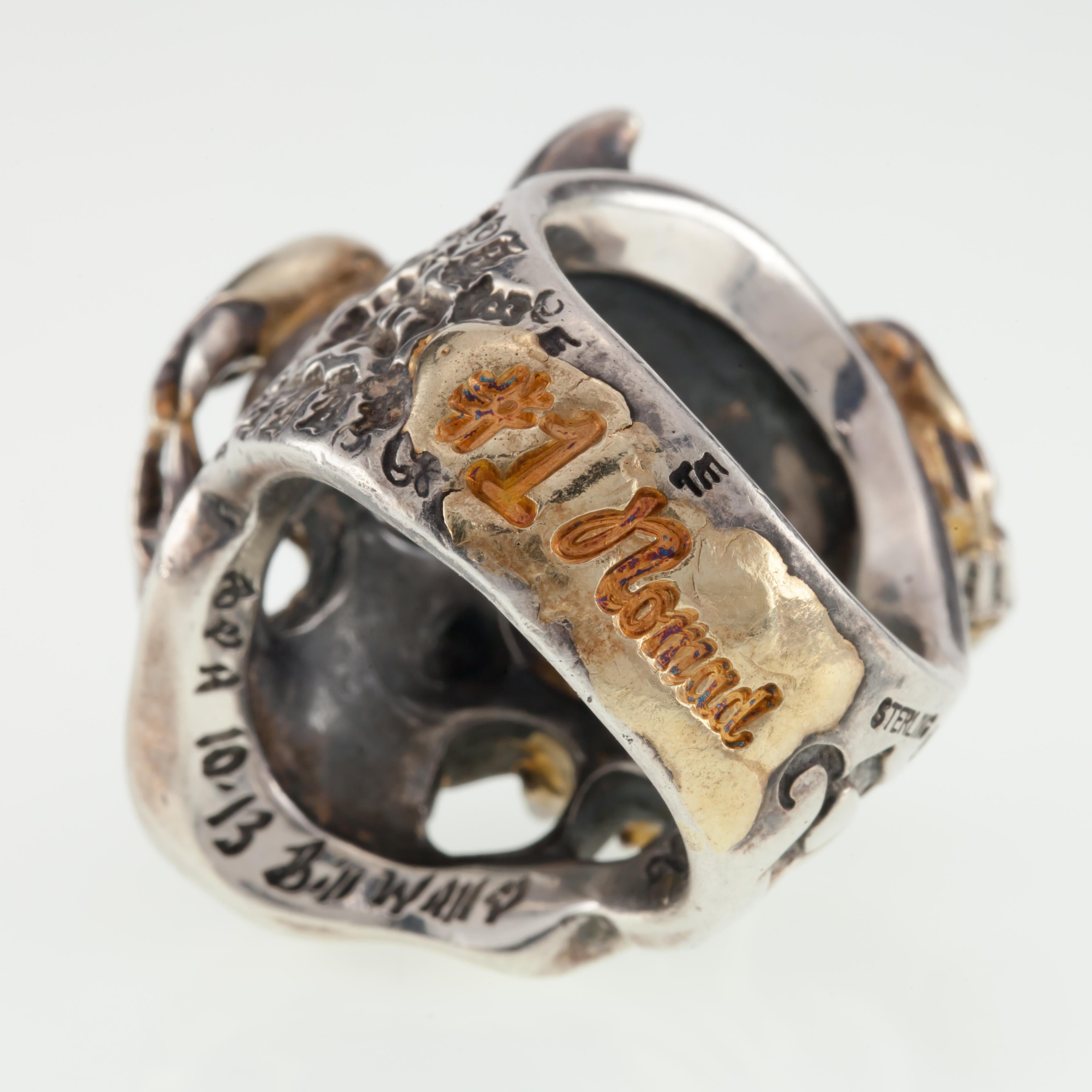 Bill Wall Leather Sterling Silver Skull Custom Master Ring with Scorpion In Good Condition For Sale In Sherman Oaks, CA