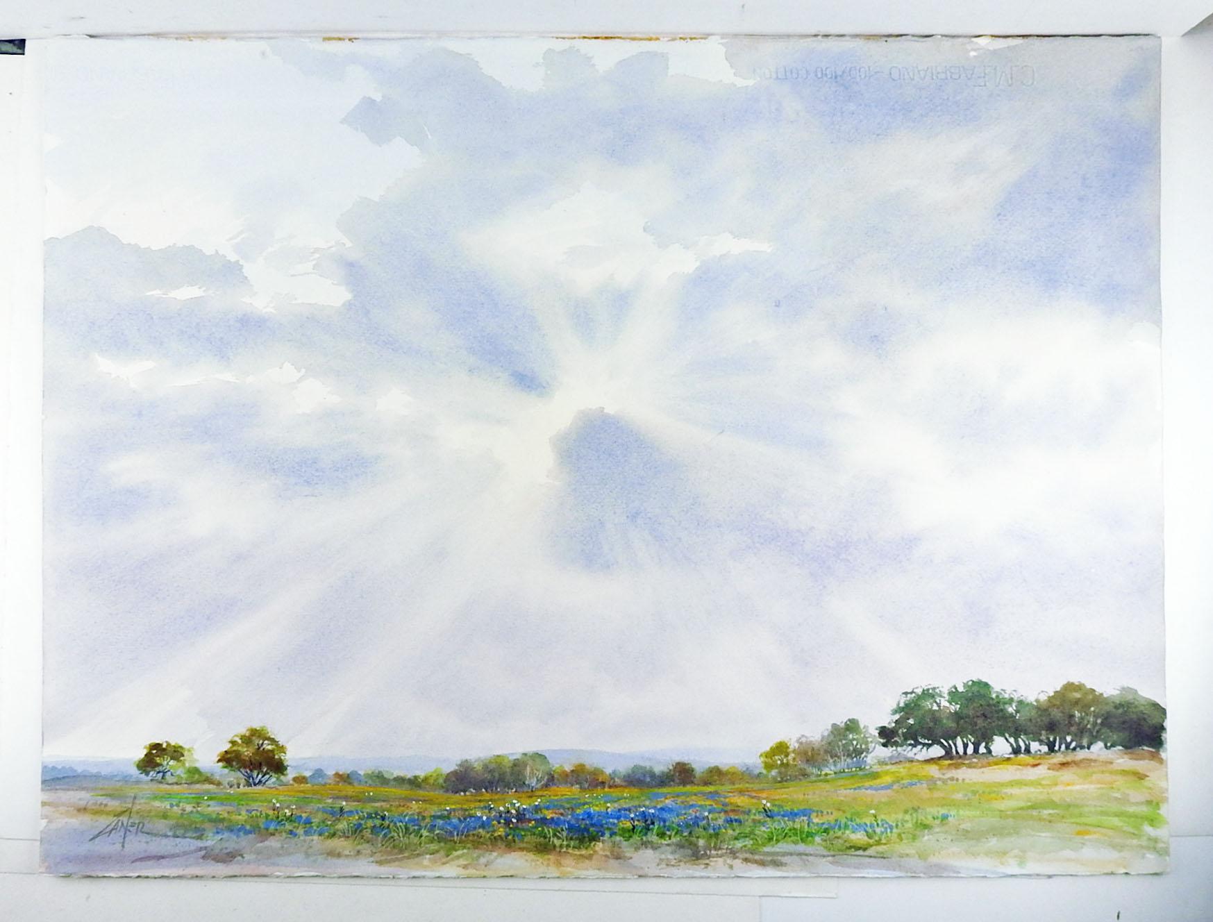 Rustic Bill Zaner Bluebonnet Watercolor Landscape Painting For Sale
