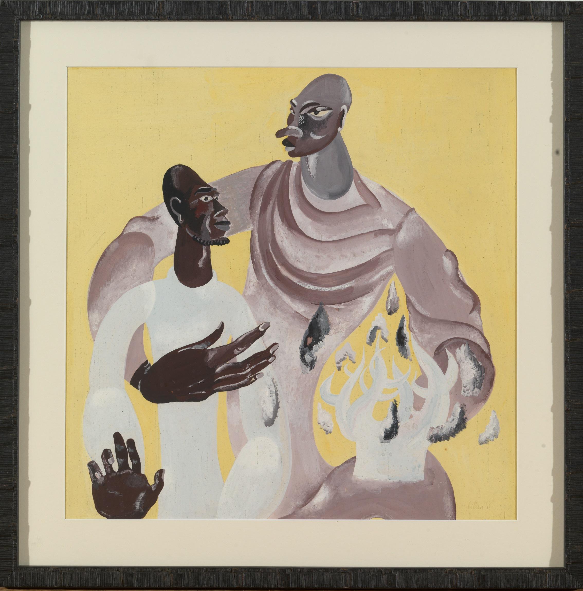 Cette magnifique œuvre d'art représente deux figures Kongo masculines.
L'œuvre de l'artiste André Billen (1921-1998) est profondément influencée par la culture africaine.
 
Les mesures de cette pièce sont 41 x 41 cm sans cadre, 53,5 x 53,5 cm