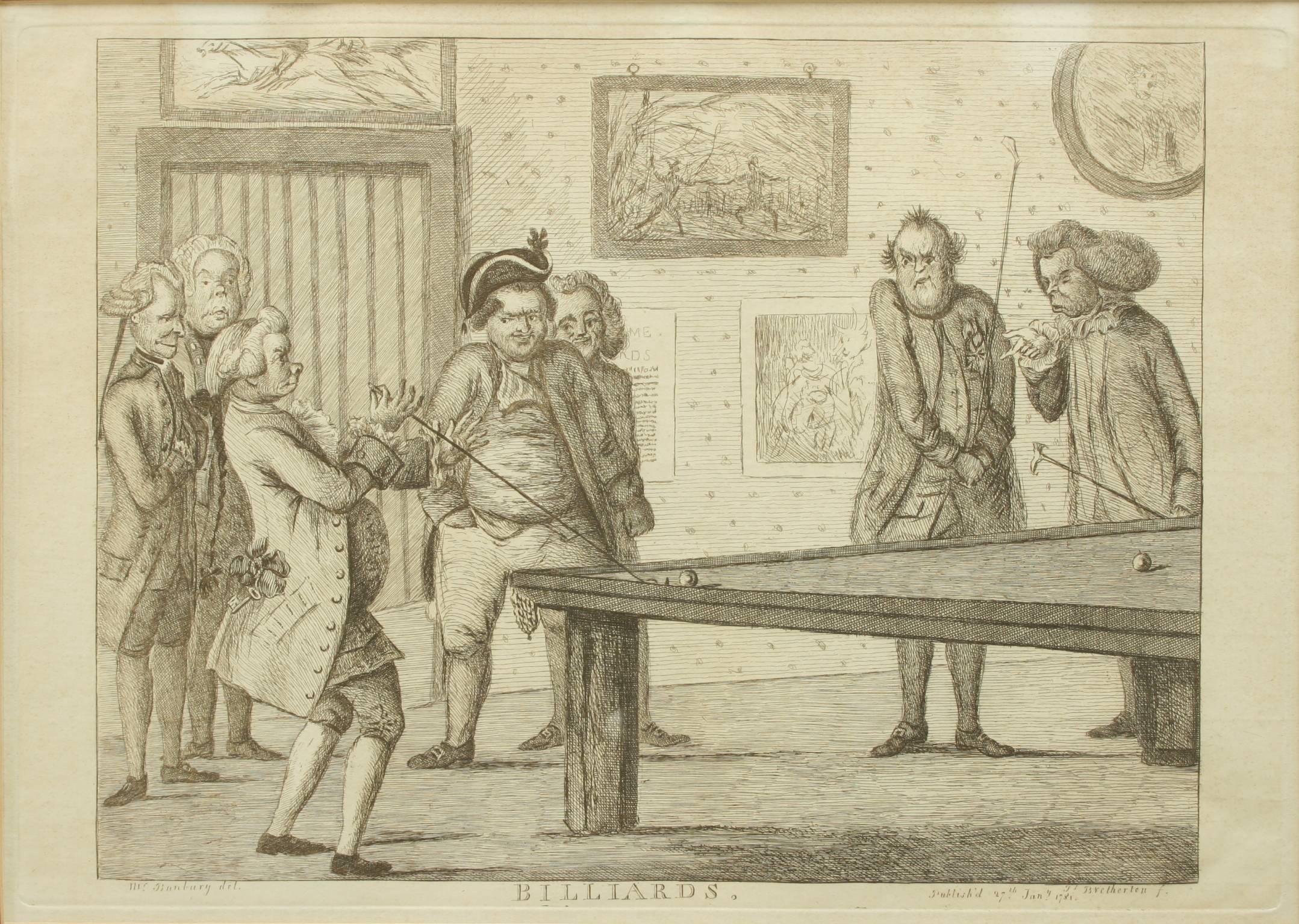 Billiard engraving after Henry Bunbury.
A framed and mounted stipple engraving after Henry Bunbury entitled 'Billiards'. The characterised picture depicts a group of men in the throws of a billiard match. Note they are playing with the early cues,