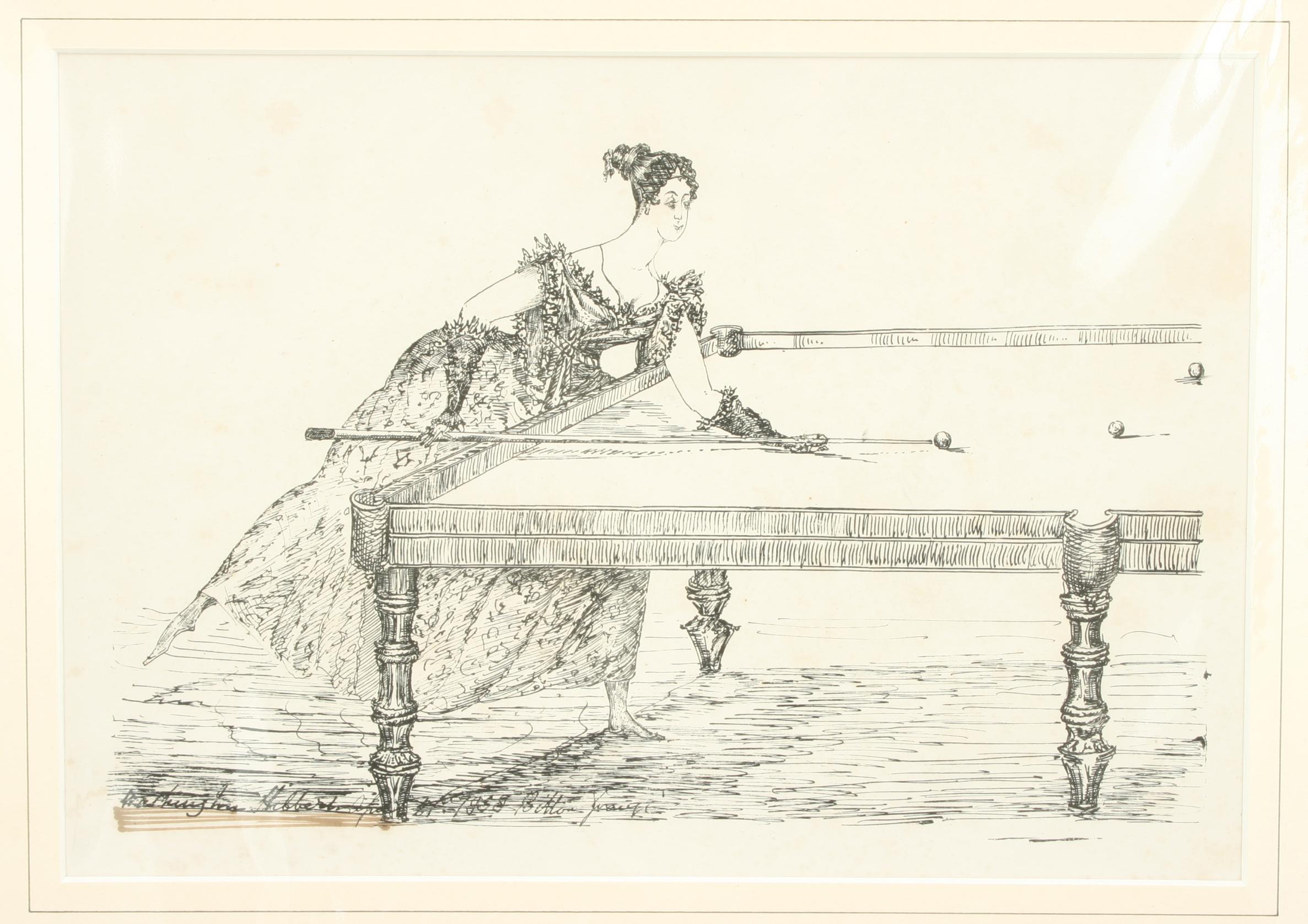 Lady Billiard Player (Julia Tichborne).
A pair of lithographs depicting a female billiard player, possibly the wife of John Hubert Washington Hibbert, Julia Tichborne. They are probably by an amateur hand and are dated 1839, and have an inscription