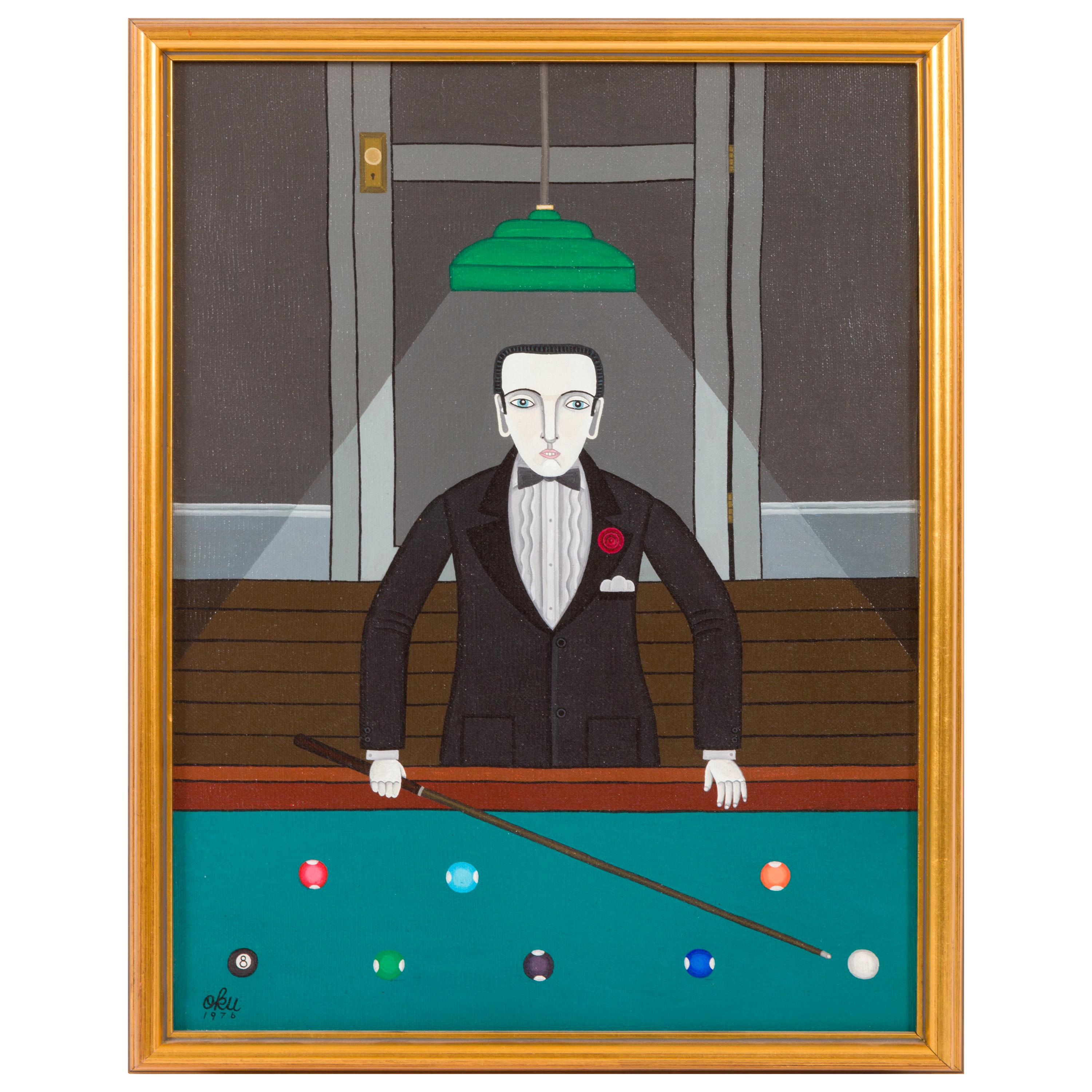 "Billiard Player" Oil on Canvas by Shigeo Okumura, Signed OKU 1976