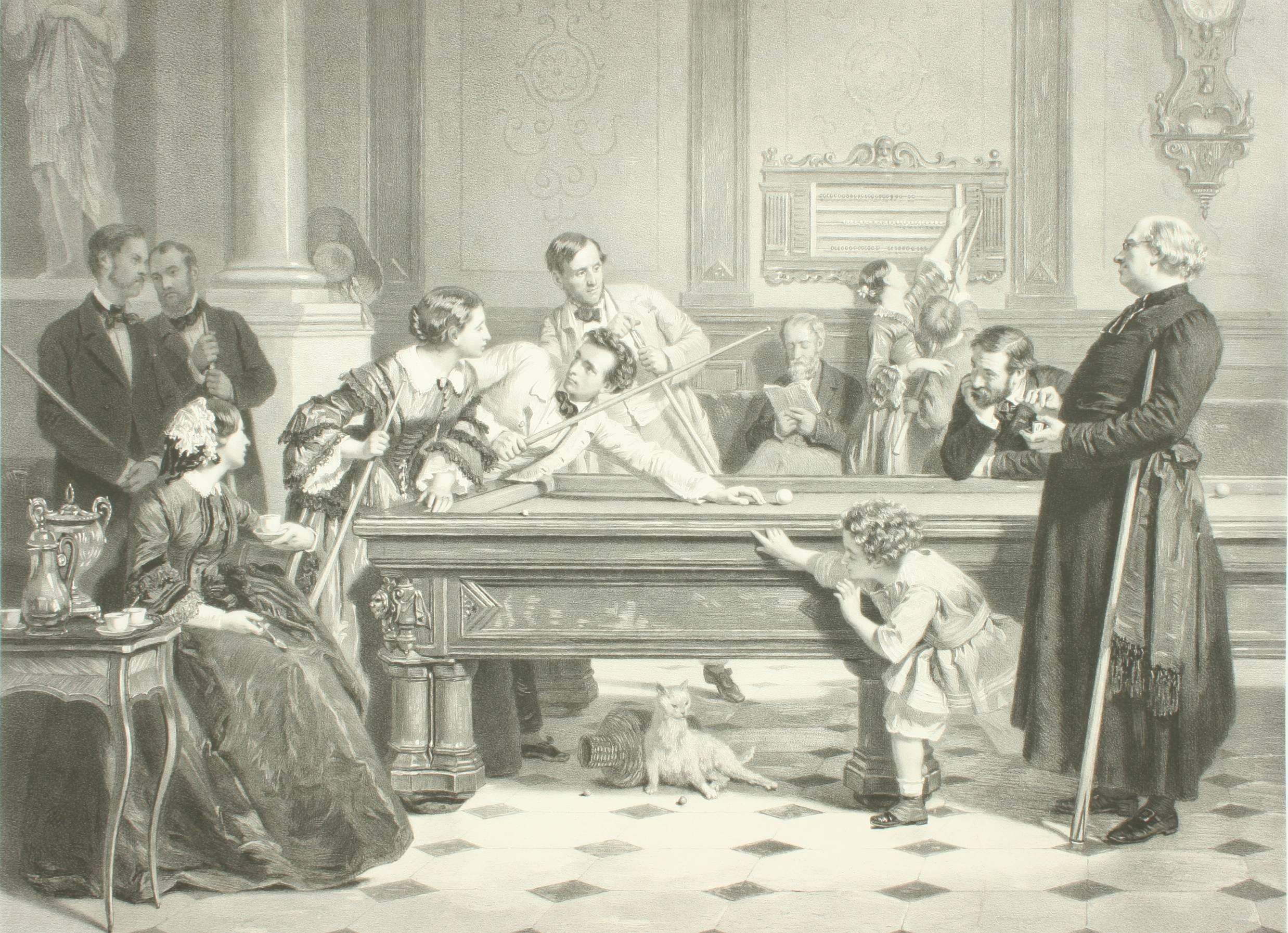 Billiard room print after Hildemaker.
A very charming billiard lithograph by Claude Thielley (French, 1811-1891) after the original painting by Eugene Ernest Hillemacker 1818-1887.
The picture depicts a billiard room full of men, women and