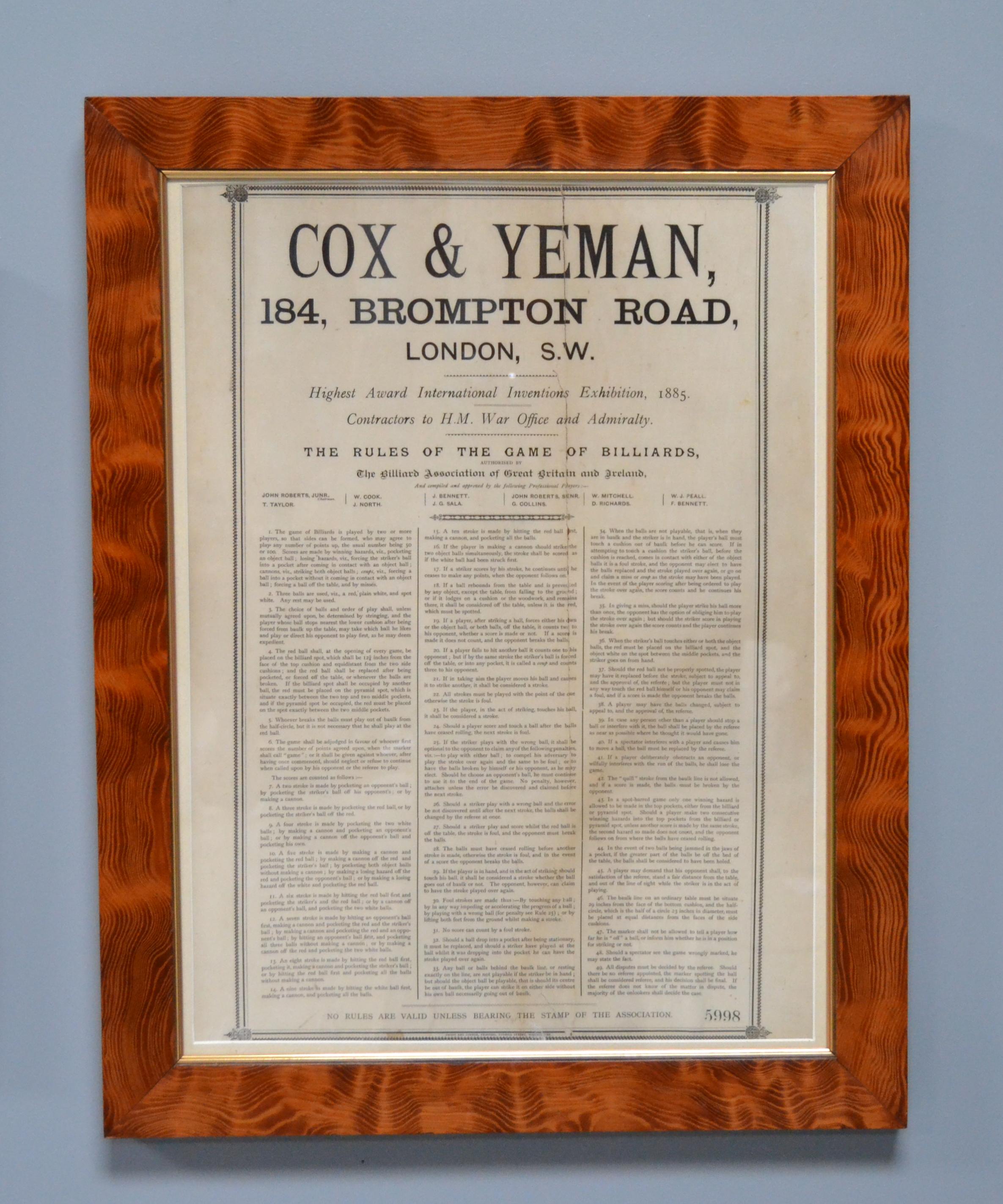 A beautiful set of Country House Billiard rules manufactured circa 1875 by Cox & Yeman of London, consisting of The Rules of Billiards, The Rules of Pyramid Pool and The Rules of Life Pool. 

There are some old tears and creases which is to be