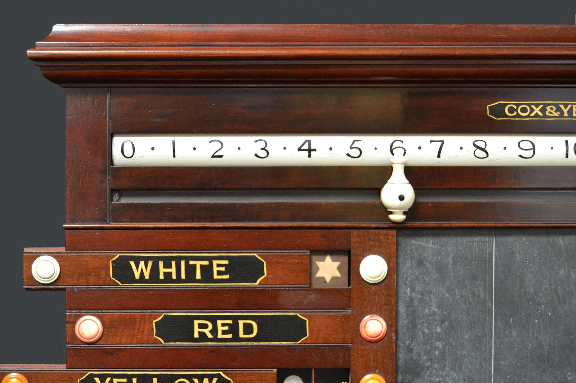 A beautiful mahogany framed scoring cabinet by Cox & Yeman circa 1890, featuring hand painted sliding panels ,revolving numbers and a central slate panel.

Mr Henry Cox and Mr Edward Yeman joined forces at some time in the 1850s to form their own