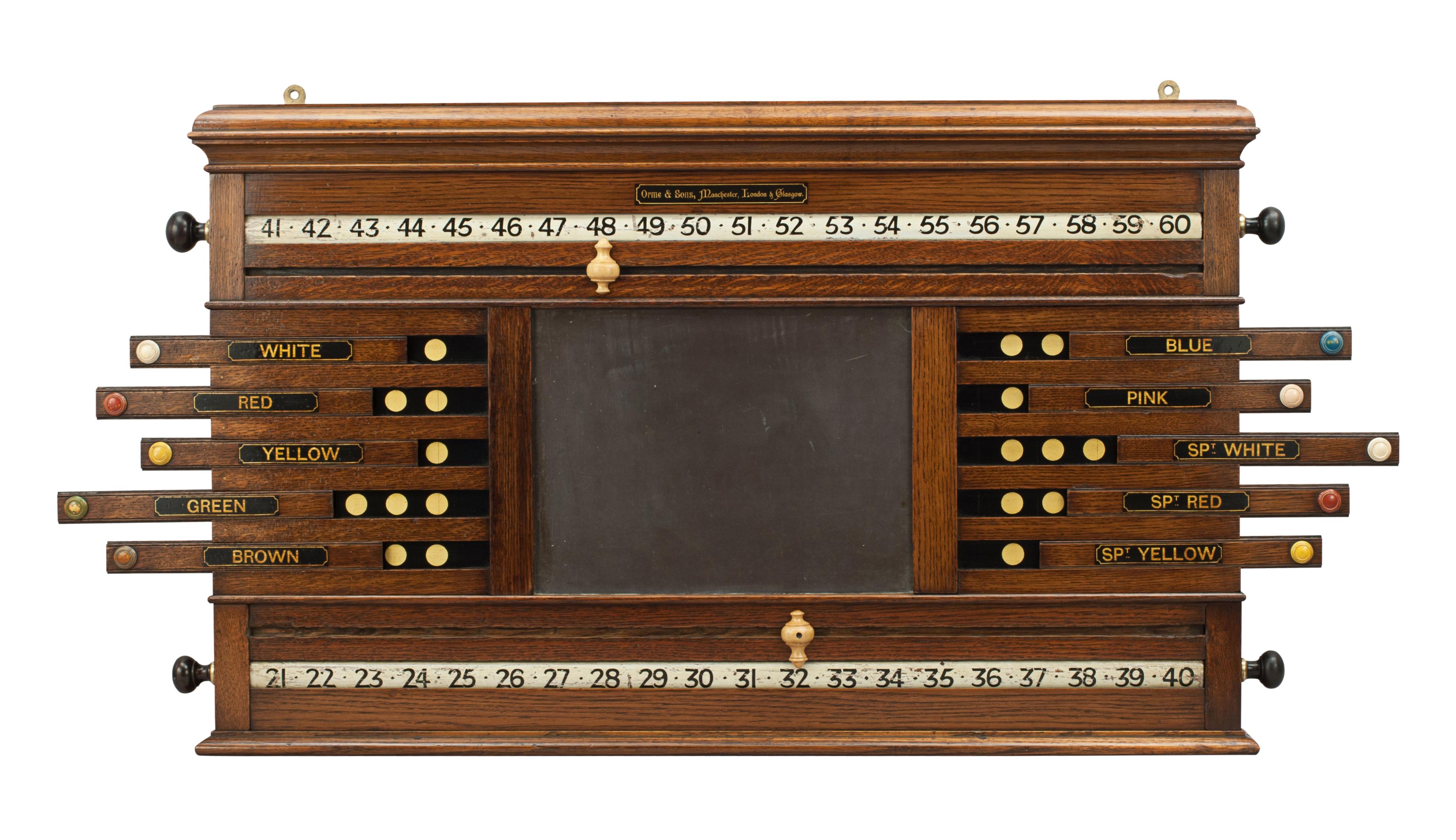 Orme & Sons Billiard scoreboard.
A nice combined billiards and life pool scoreboard made of oak by Orme & Sons, Manchester. The scorer comprised of two white rollers with black painted numbers, 0 to 20 / 20 to 40 / 40 to 60 / 60 to 80 / 80 to 100,