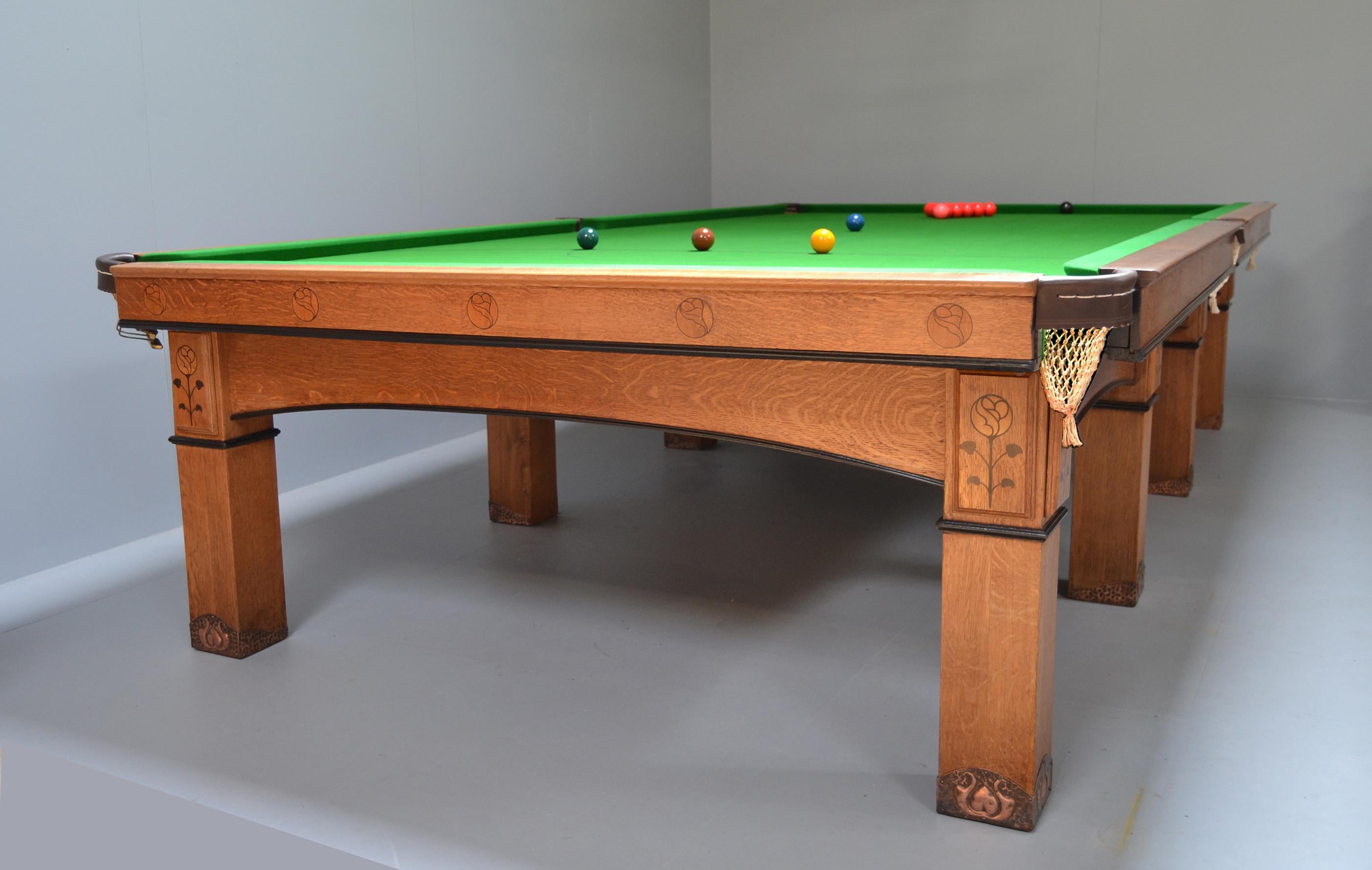 Billiard Snooker Pool Table Arts and Crafts English 1910 Oak Ebony Copper For Sale 1
