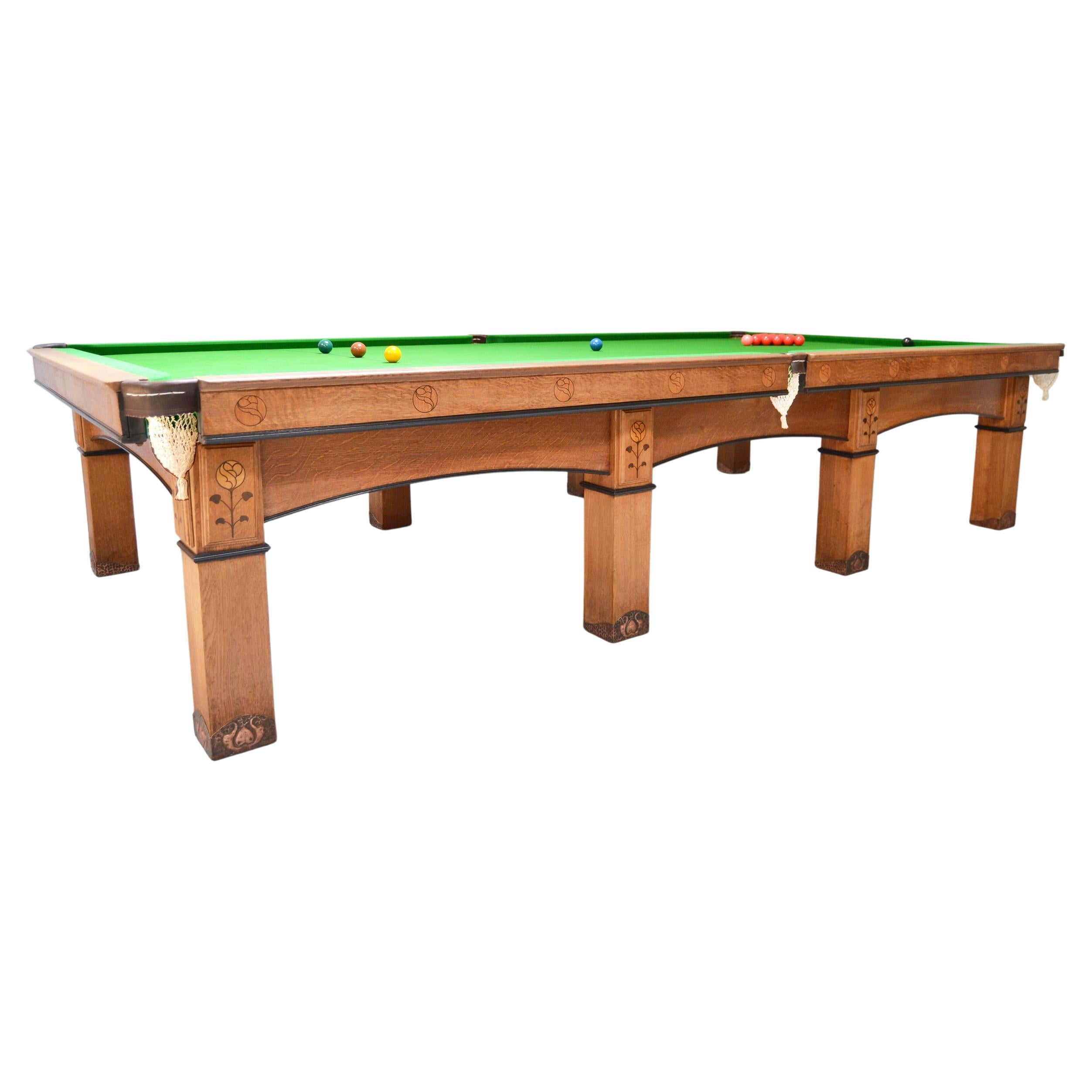 Billiard Snooker Pool Table Arts and Crafts English 1910 Oak Ebony Copper