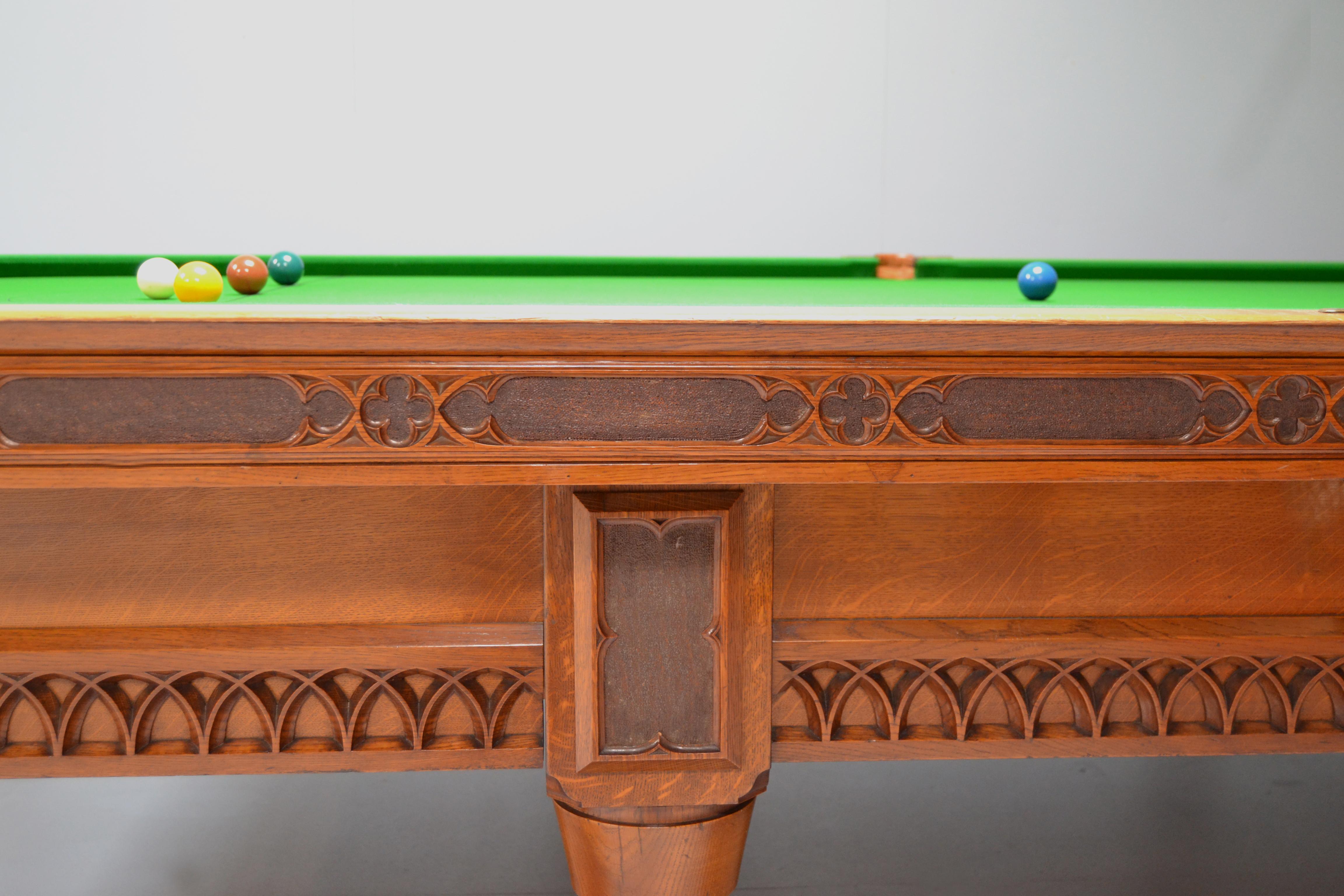 Billiard Snooker Pool Table Gothic Revival Carved Oak Orme Manchester England In Good Condition For Sale In Chilcompton, Radstock