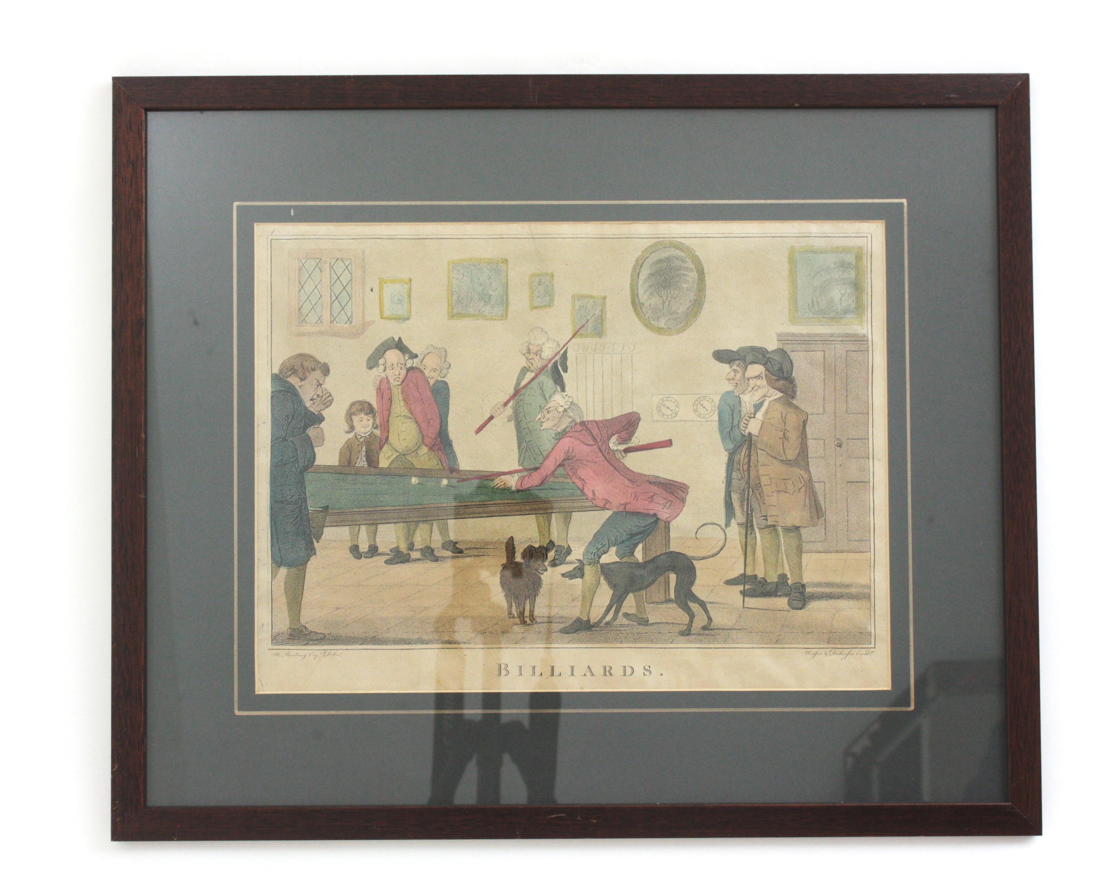 Georgiano Stampa BILLIARDS, dopo H. H. Bunbury, Thomas Rowlandson in vendita