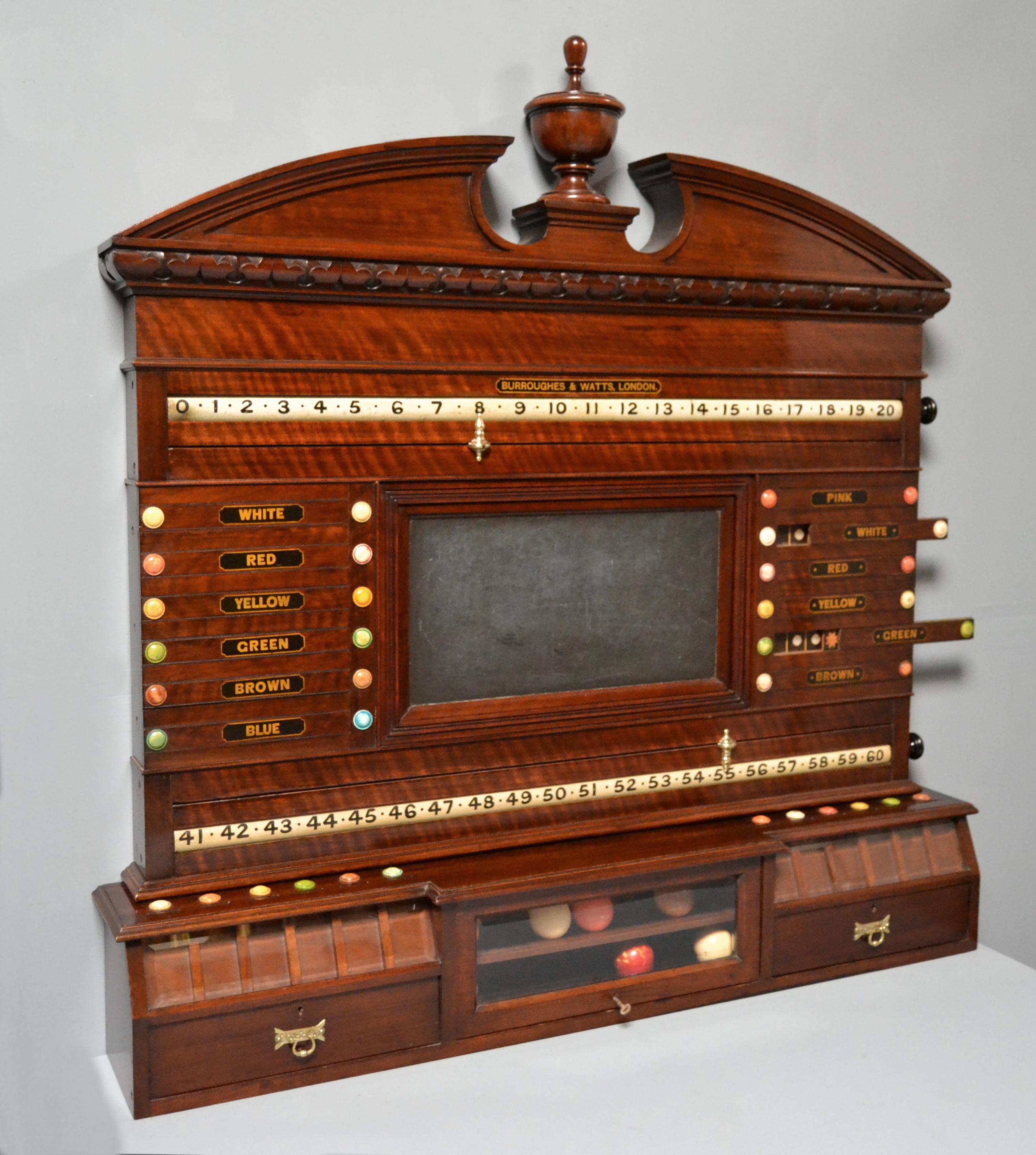 This beautiful wall-mounted Billiard , Snooker or pool mahogany scoring cabinet was made circa 1880, it features a decorative arched carved pediment, a central finial, a central reversible mirror panel flanked by Life Pool sliders and revolving