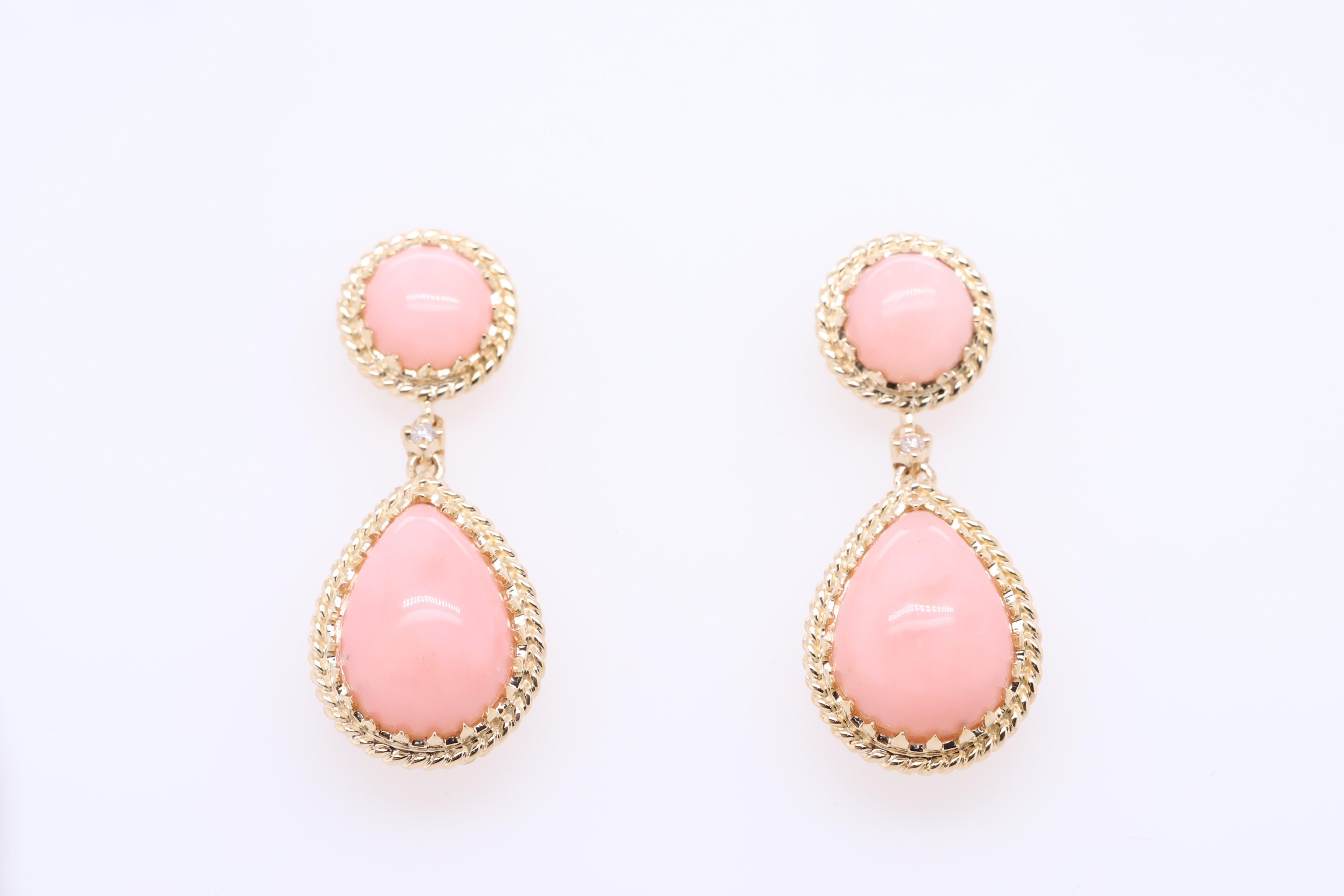 Art Deco Billie 14K Yellow Gold Pear-Cut Pink Opal Earrings For Sale
