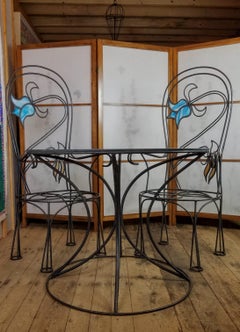 Billie Lawless Wrought Iron Table and Chairs Stained Glass Insert Patio Set 1976