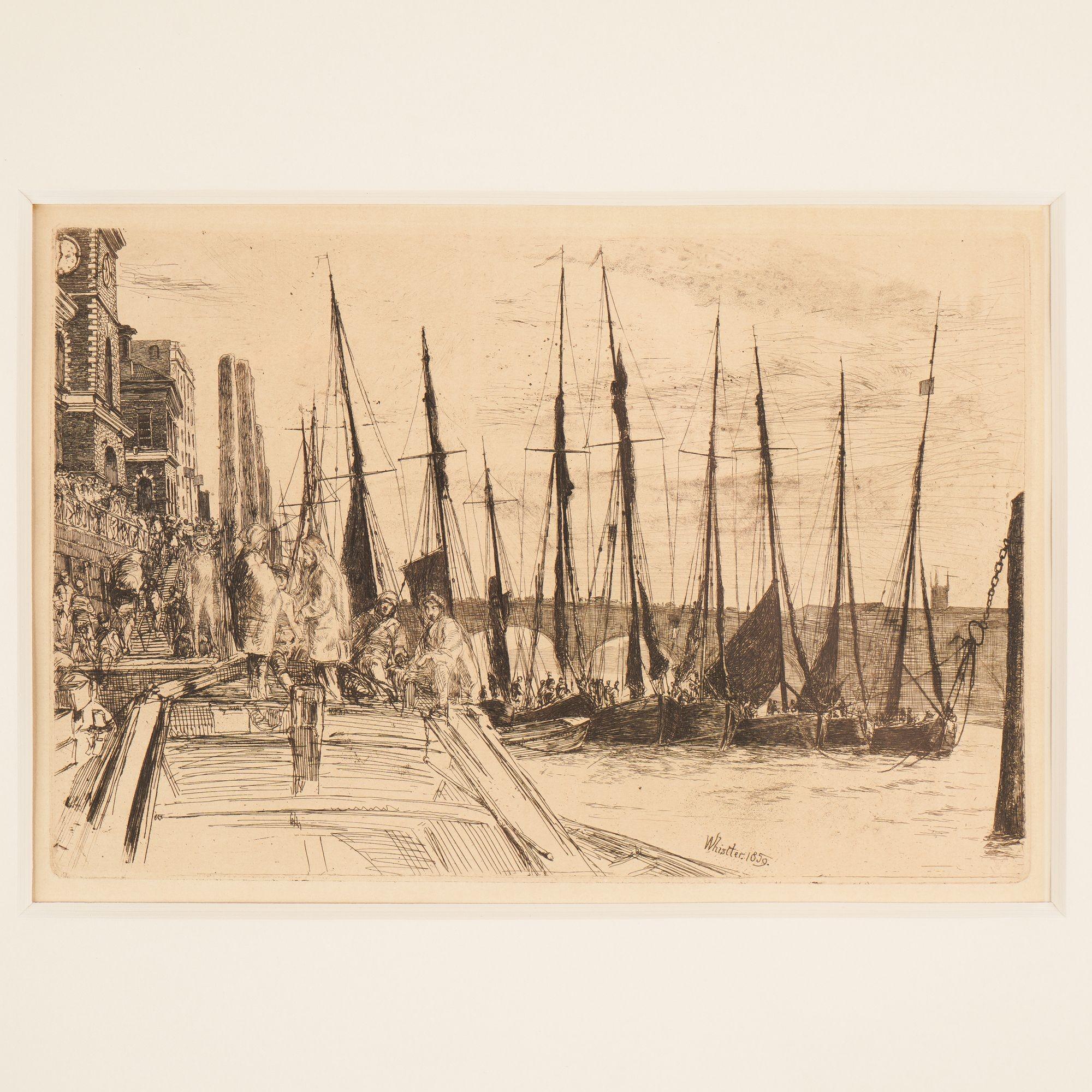 This ink etching depicts a busy dock scene from the perspective of someone in the stern of a boat. There are several figures in the bow of this boat who are wearing hats; three are seated and two standing figures face each other and appear to be
