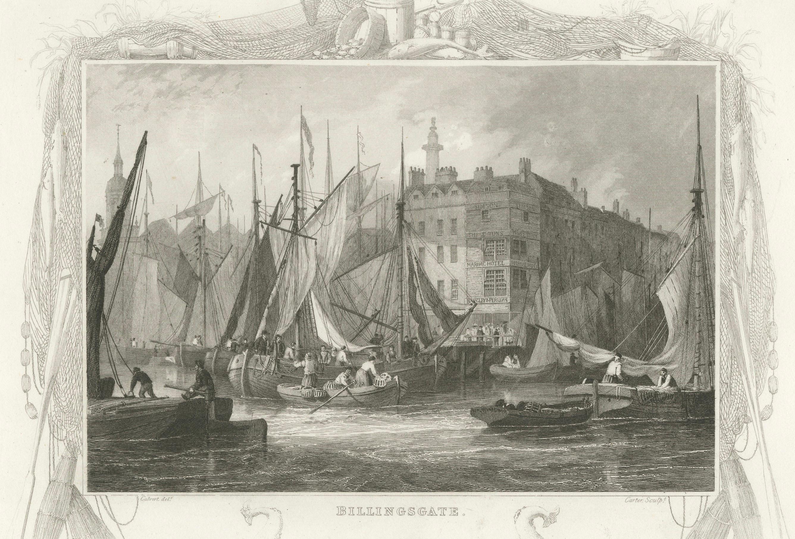 Mid-19th Century Billingsgate Market in the 1830s: A Hub of London's Maritime Commerce, 1835 For Sale