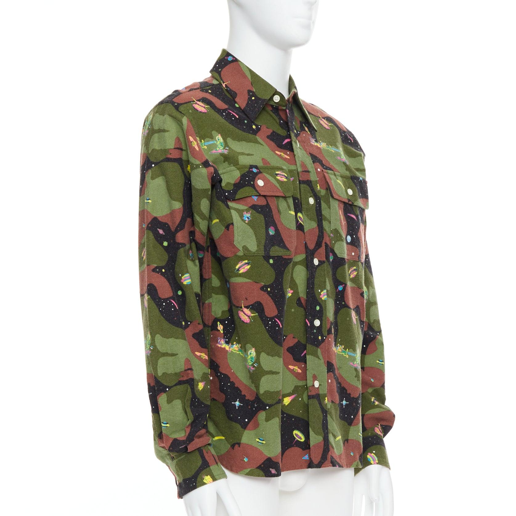 Black BILLIONAIRE BOYS CLUB green brown cotton camo UFO print shirt M For Sale