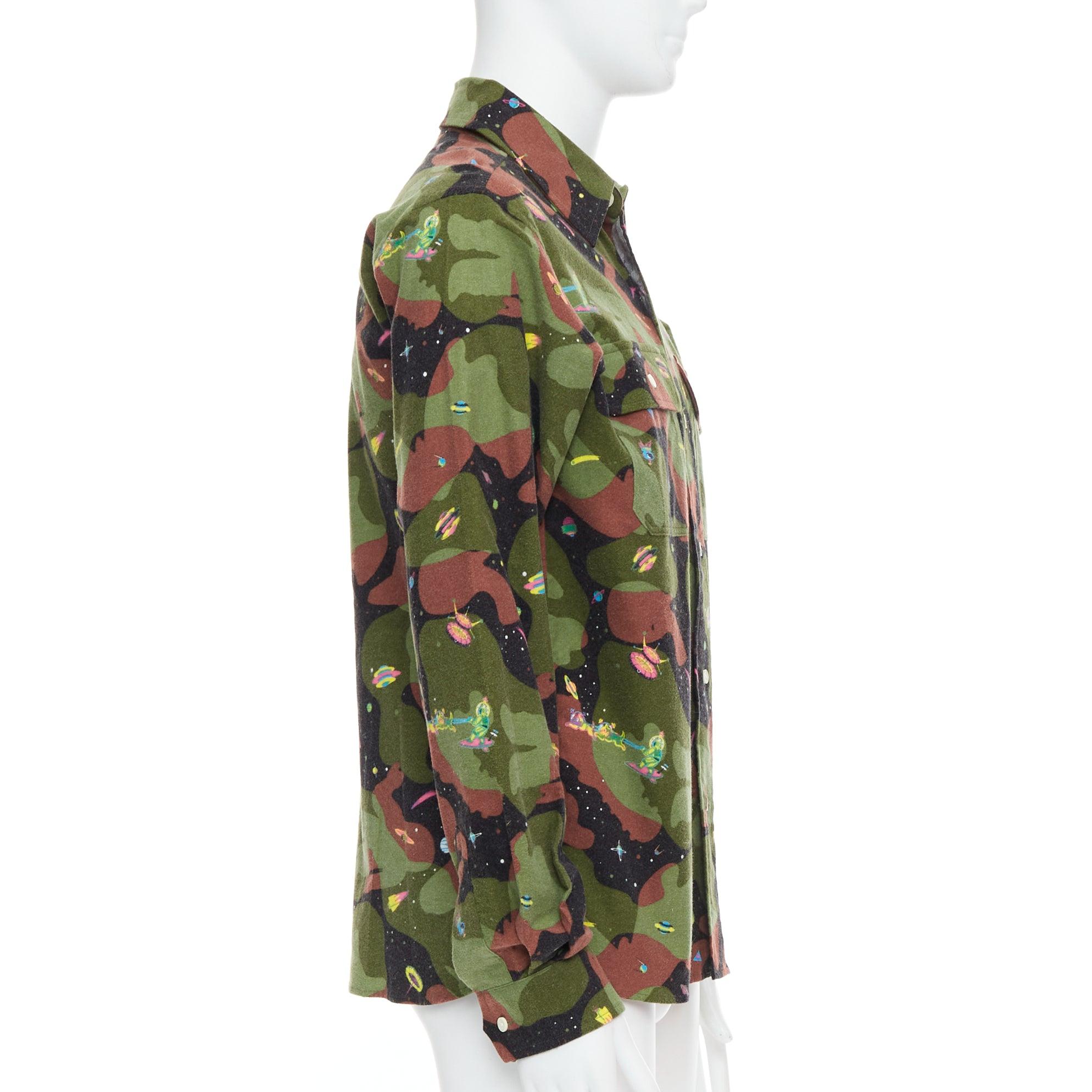 BILLIONAIRE BOYS CLUB green brown cotton camo UFO print shirt M In Excellent Condition For Sale In Hong Kong, NT
