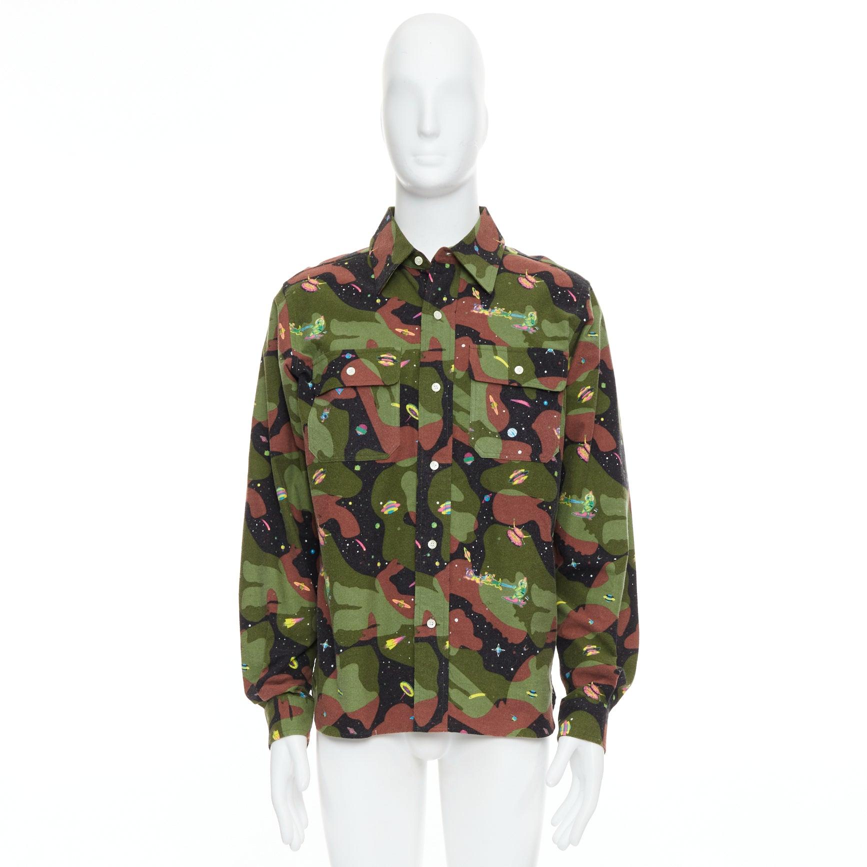 BILLIONAIRE BOYS CLUB green brown cotton camo UFO print shirt M For Sale 4