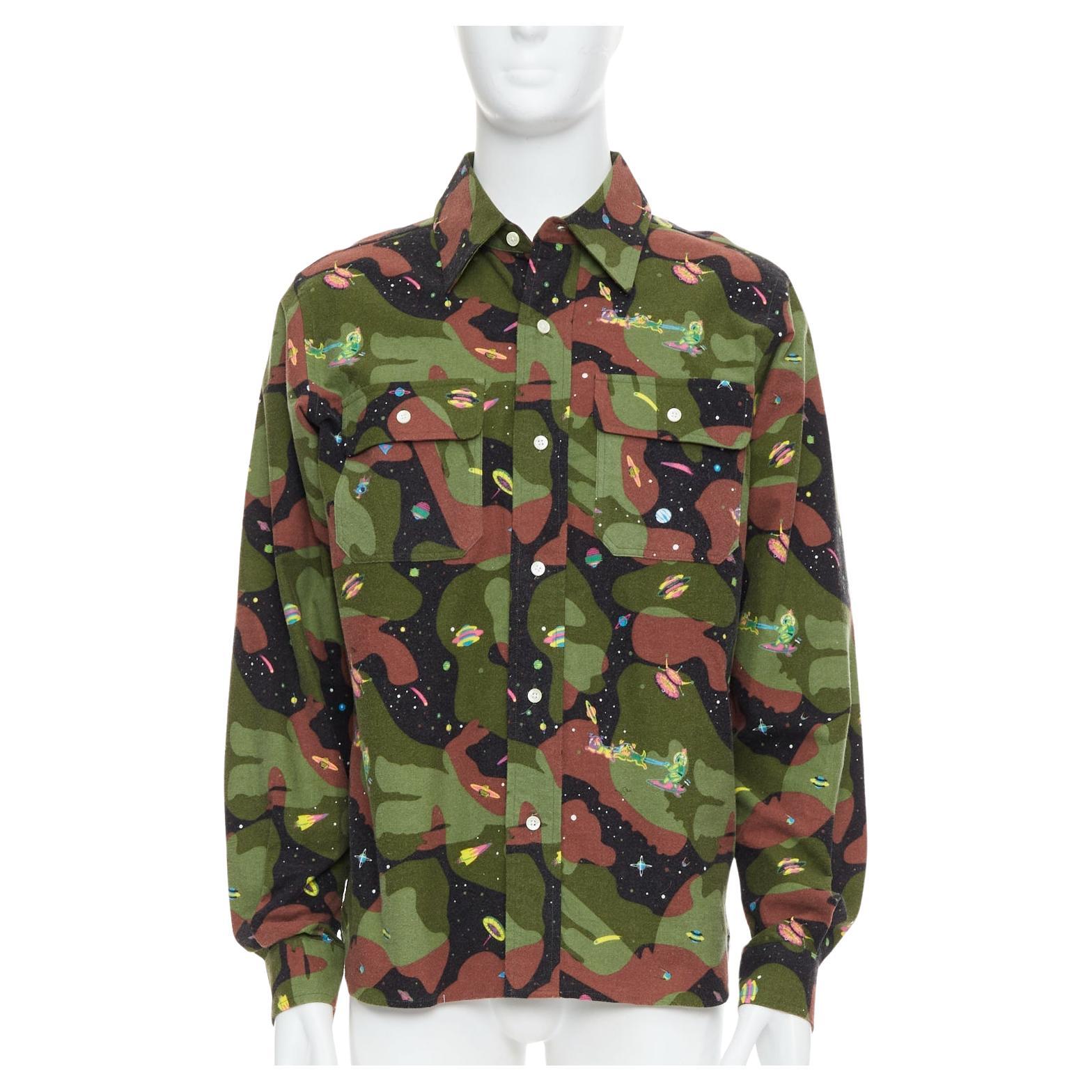 BILLIONAIRE BOYS CLUB green brown cotton camo UFO print shirt M For Sale