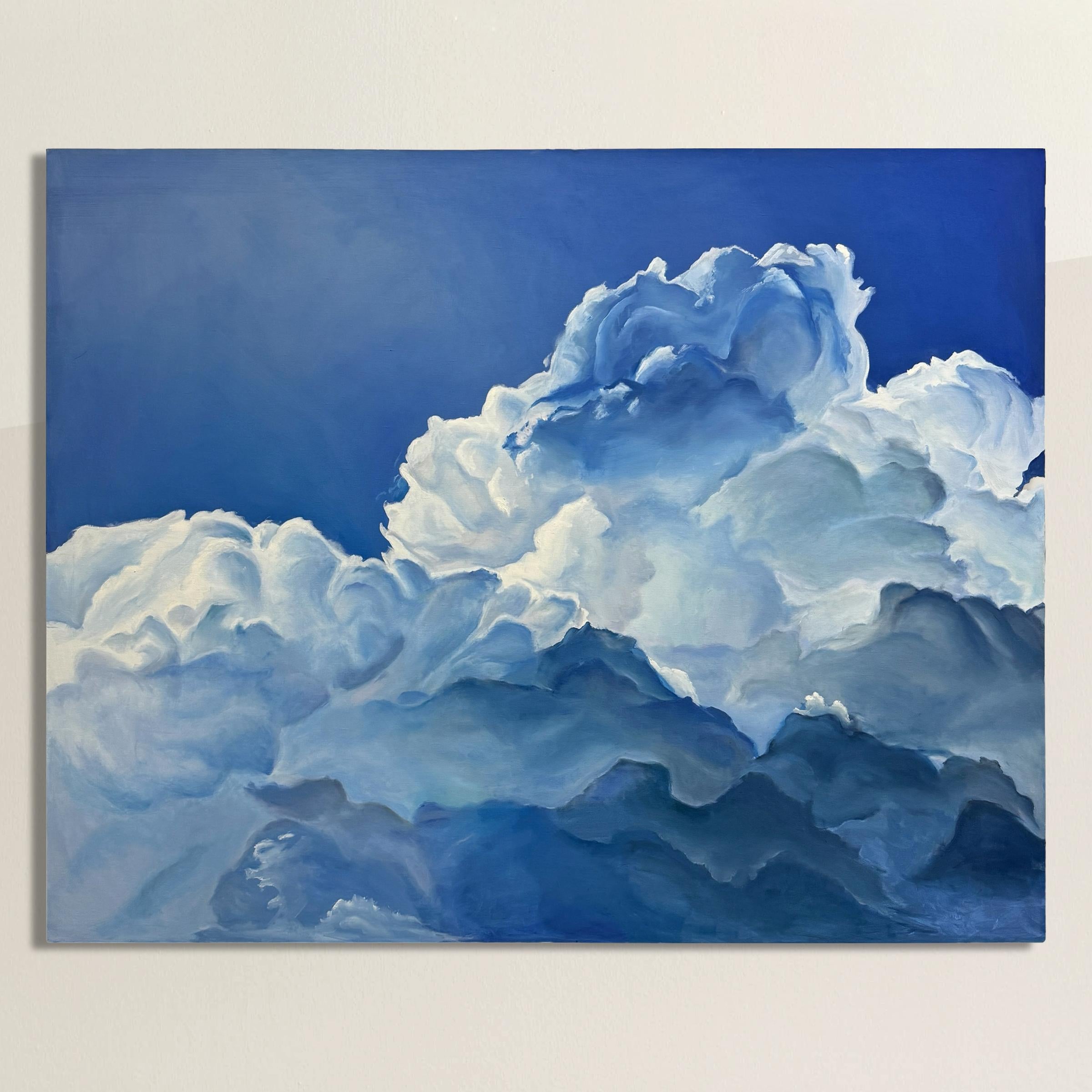This captivating 4-foot by 5-foot oil on canvas painting is a contemporary American masterpiece that captures the raw, untamed beauty of wild billowing storm clouds set against a royal blue sky, reminiscent of a cool, crisp fall day. Its dramatic