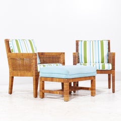 Billy Baldwin Bielecky Brothers MCM Rattan Cane Brass Lounge Chairs & Ottoman