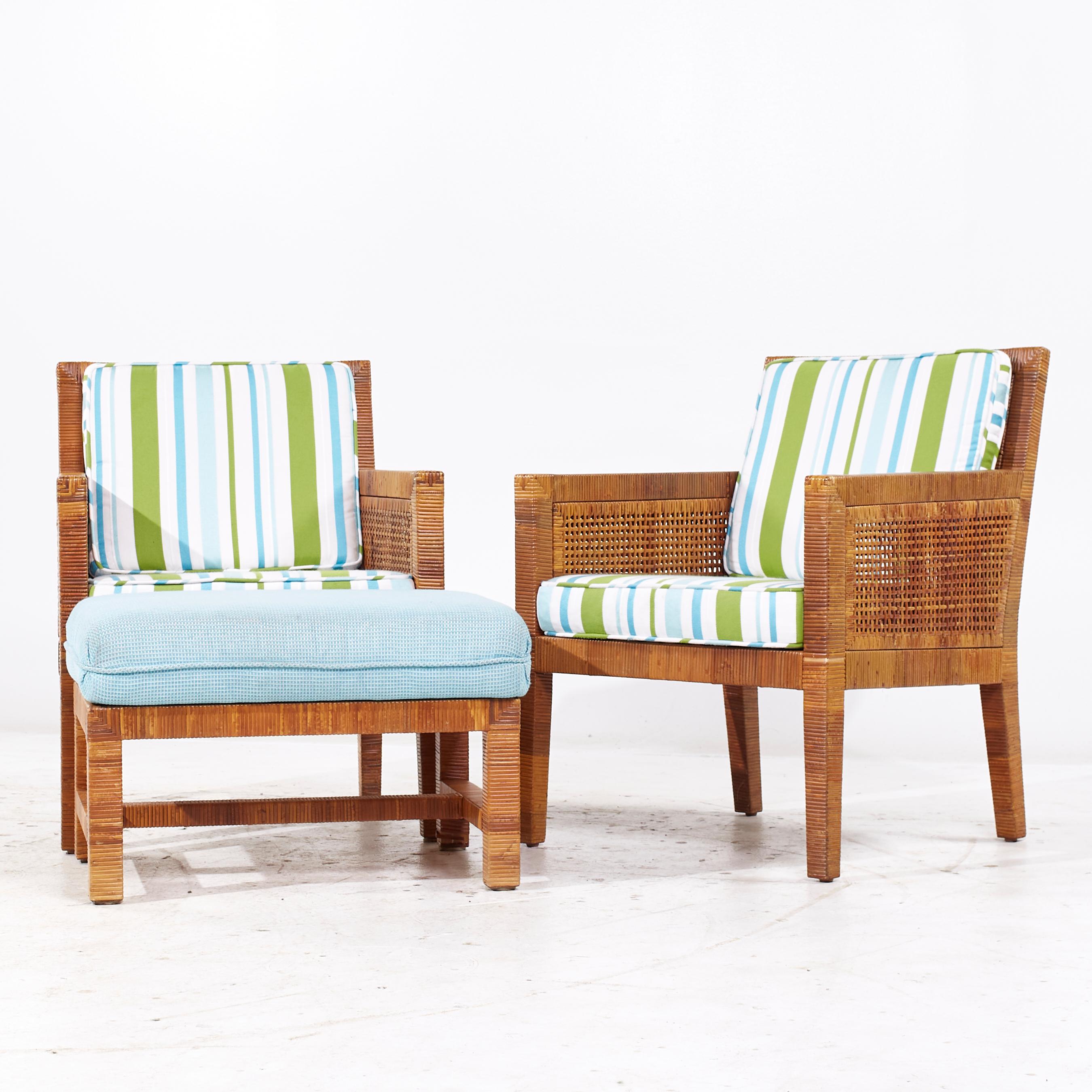 Mid-Century Modern Baldwin Bielecky Brothers Chaises longues et ottomanes en rotin et en laiton MCM en vente