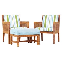 Billy Baldwin Bielecky Brothers MCM, sedie da salotto in rattan e canna d'ottone e ottomana