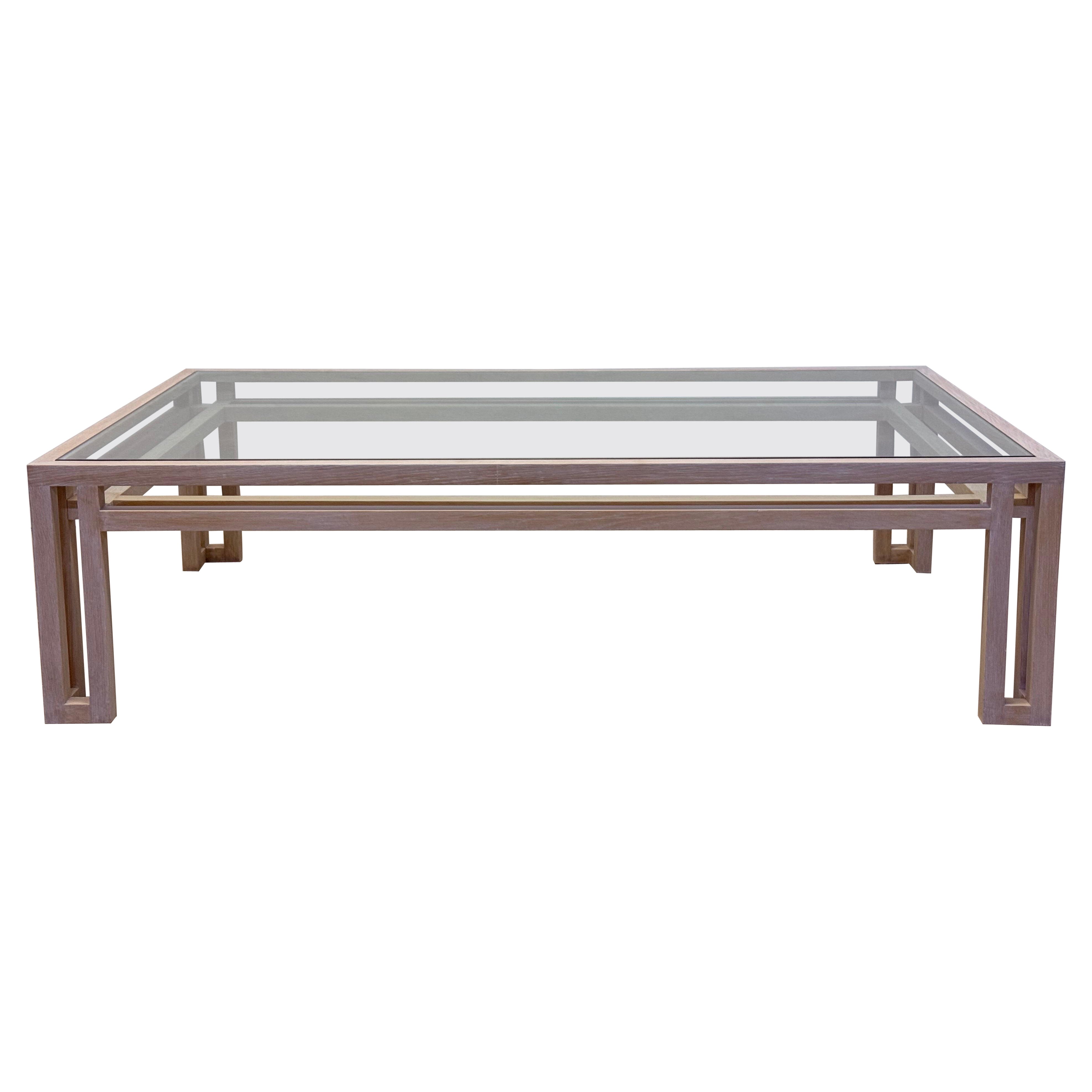 Billy Baldwin Large Whitewash Oak and Glass Coffee Table