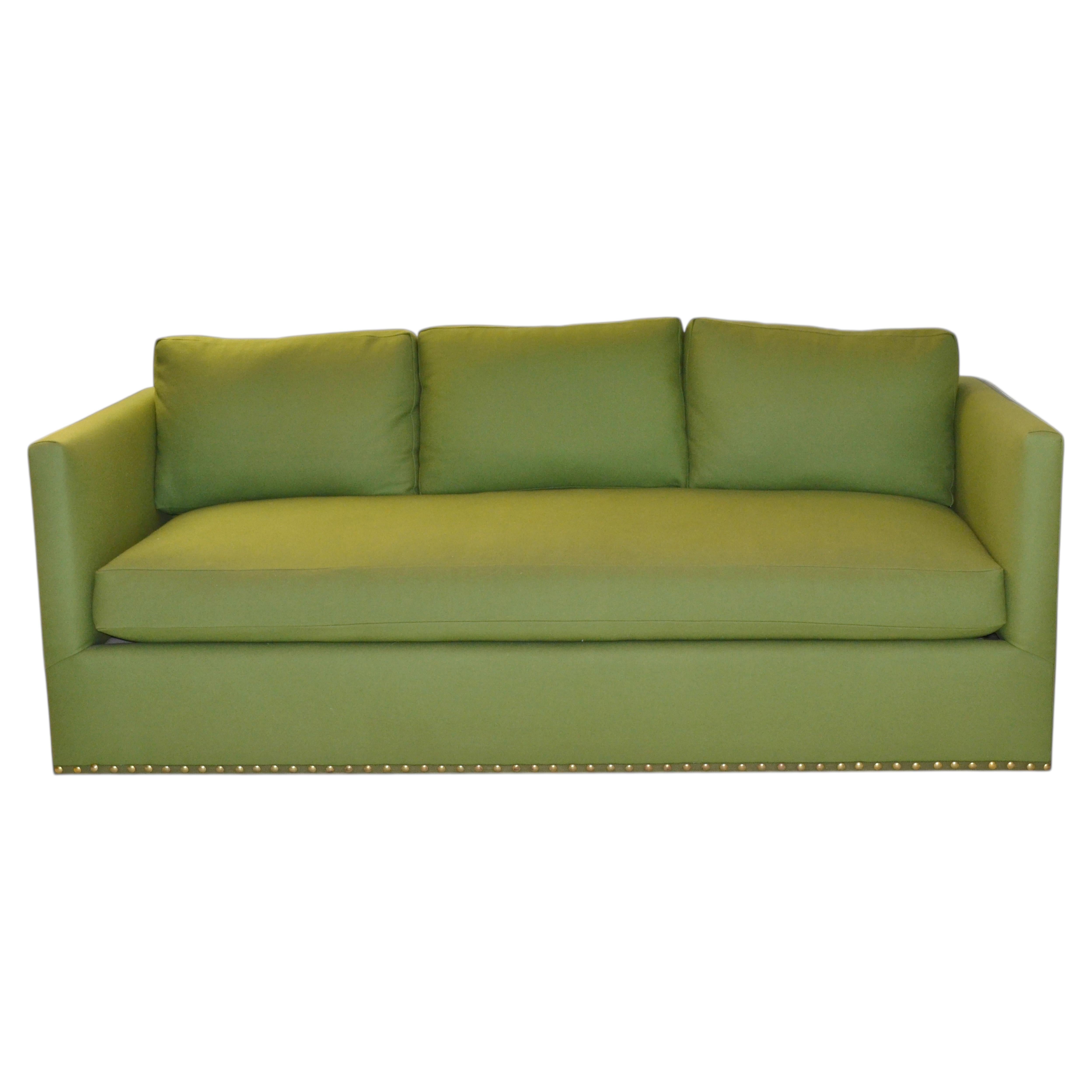 Billy Baldwin Studio Custom Tuxedo Sofa, Green Wool Felt, Brass Nailhead Detail For Sale