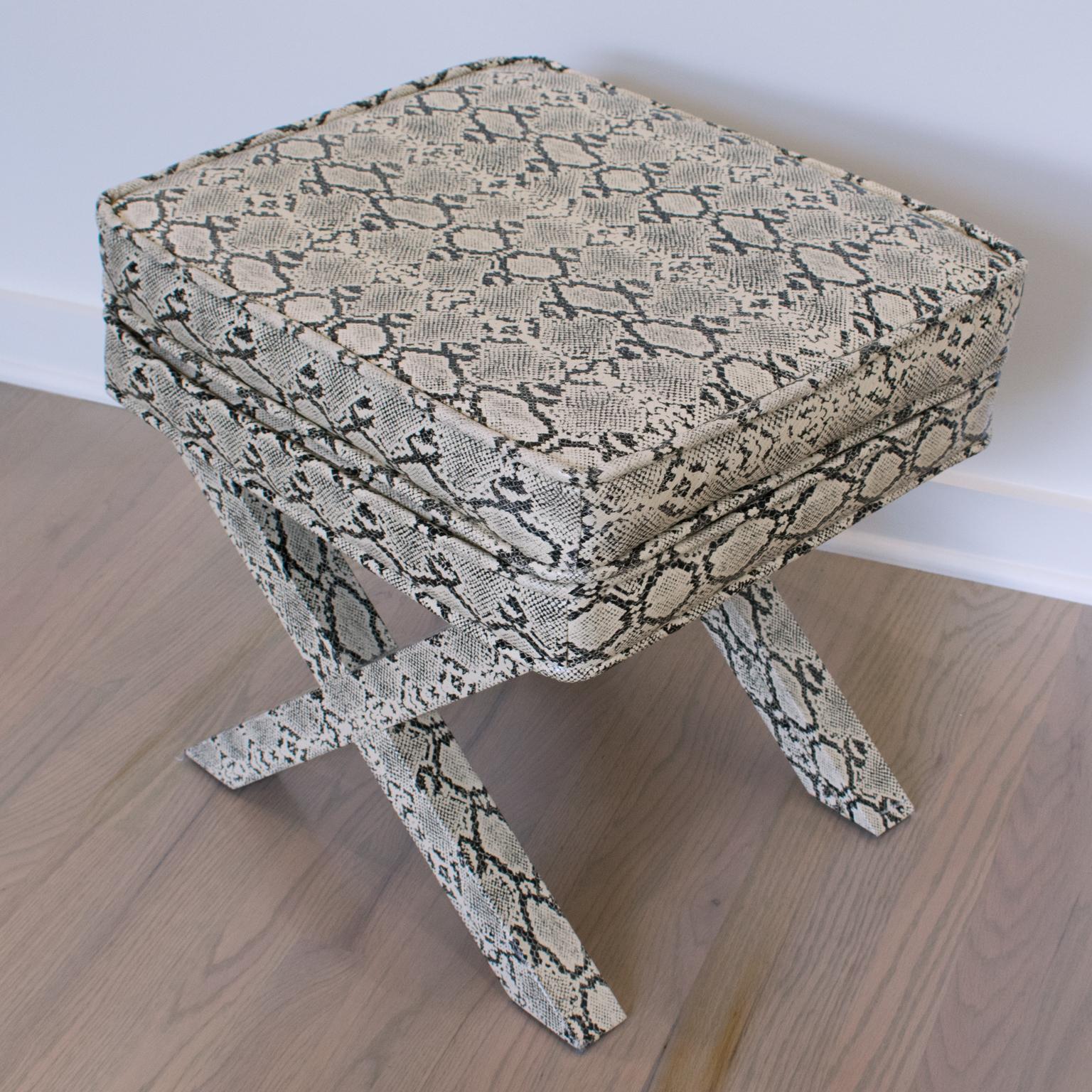 Elegant bench, ottoman, footstool in faux python skin in the manner of the fully upholstered designs by Billy Baldwin and Karl Springer. Sleek and urbane design with Classic 