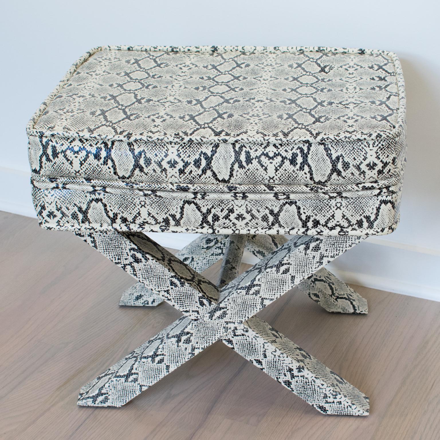 This stunning bench, ottoman, or footstool, crafted in faux python skin, features fully upholstered designs reminiscent of Billy Baldwin and Karl Springer's work. The sleek urban design has a Classic 
